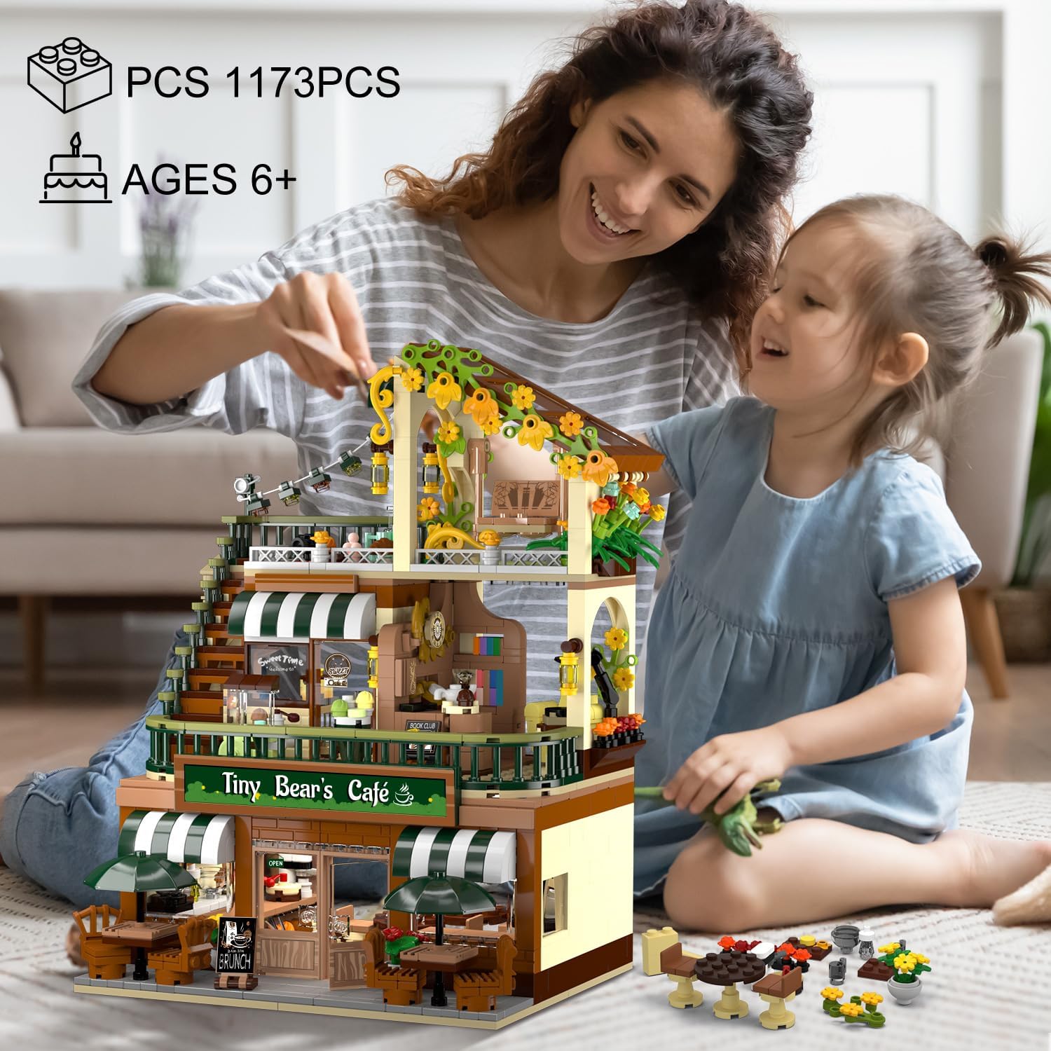 City Coffee House Building Set with Light, 1173 PCS Cafe Shop Building Block Toy with Ordering Counter Baking Room, Architecture Construction Model for Adults Teens Kids Boys Girls Ages 6-12+-uFunSpace