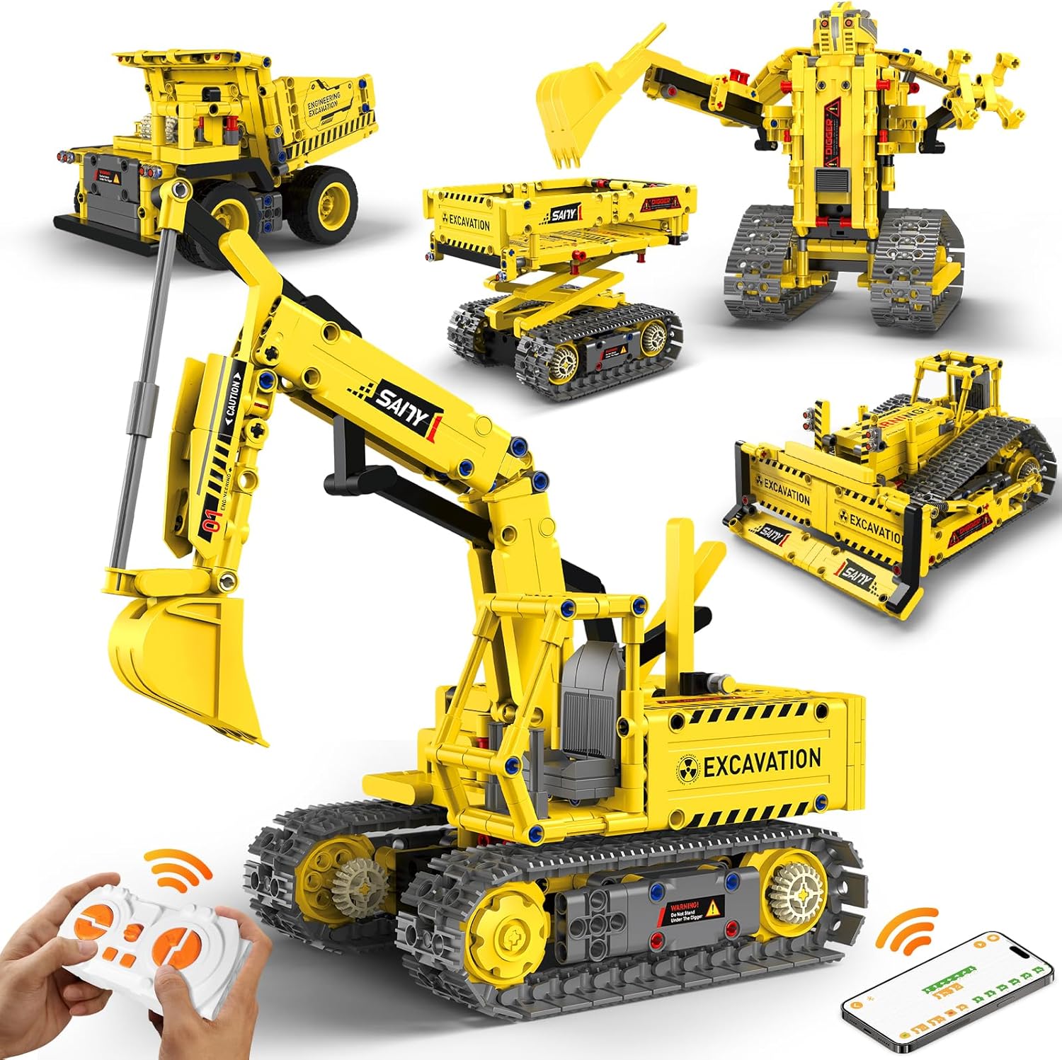 Robot Building Kits, 5-in-1 Stem Toys for Boys Age 8-14, APP & Remote Control Excavator Kids Construction Toys, Programmable Erector Sets, Educational Robotic Kit Gifts for Girls Boys (555 PCS)-uFunSpace