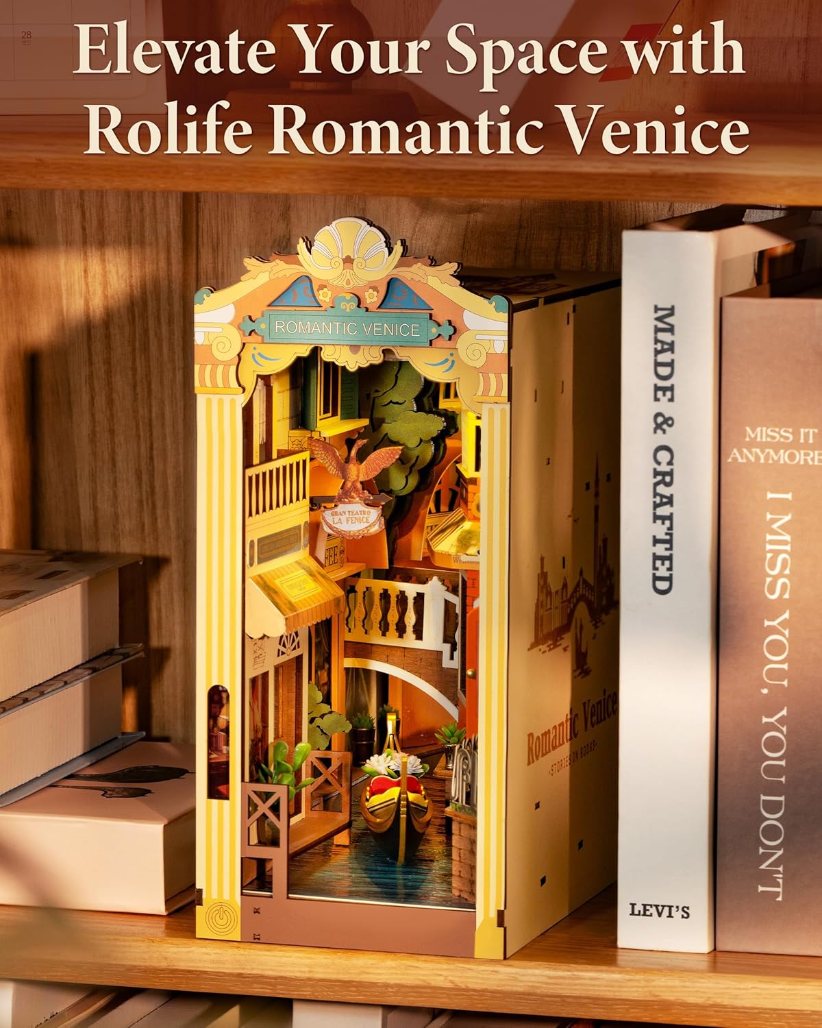 Packaging view of the Romantic Venice Book Nook kit with and without the transparent dust cover installed.-uFunSpace