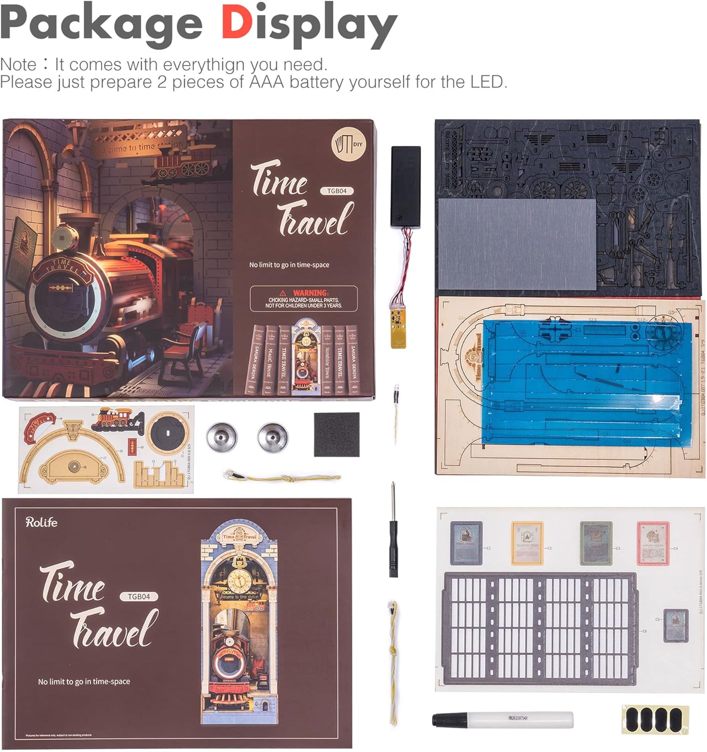 Package contents of the Rolife Time Travel DIY Book Nook kit, including wooden boards, LED light accessories, and tools for assembly.-uFunSpace