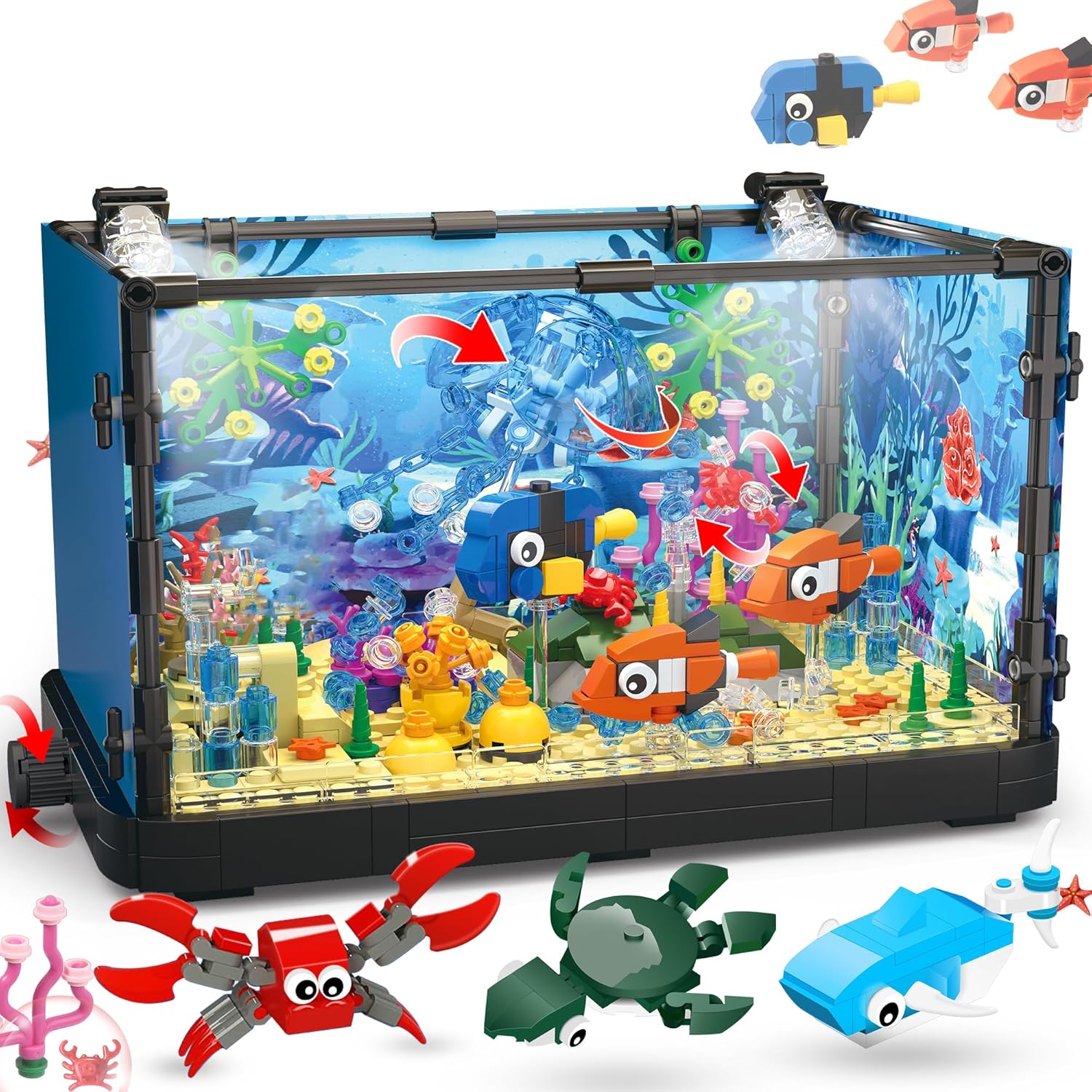 Fish Tank Building Block, Lighting Aquarium Building Sets for Adults and Kids Including Ocean Jellyfish, Dolphin, Turtle, Crab, Animal Building Toys for Boys Age 8-12, 725pcs-uFunSpace
