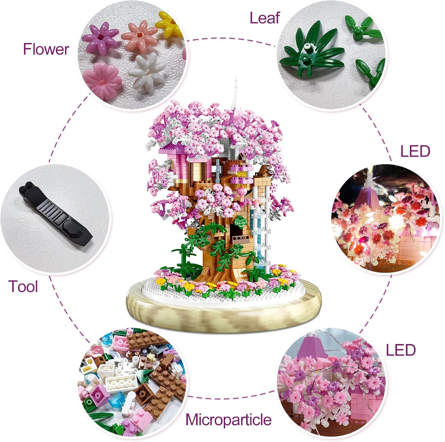 Cherry Blossom Bonsai Tree House Building Flowers Set for Adults, 1382 Pcs Micro-Particle Ideas Sakura Tree Building Blocks, Complete with String Lights, Dust Cover, and Wooden Base-uFunSpace