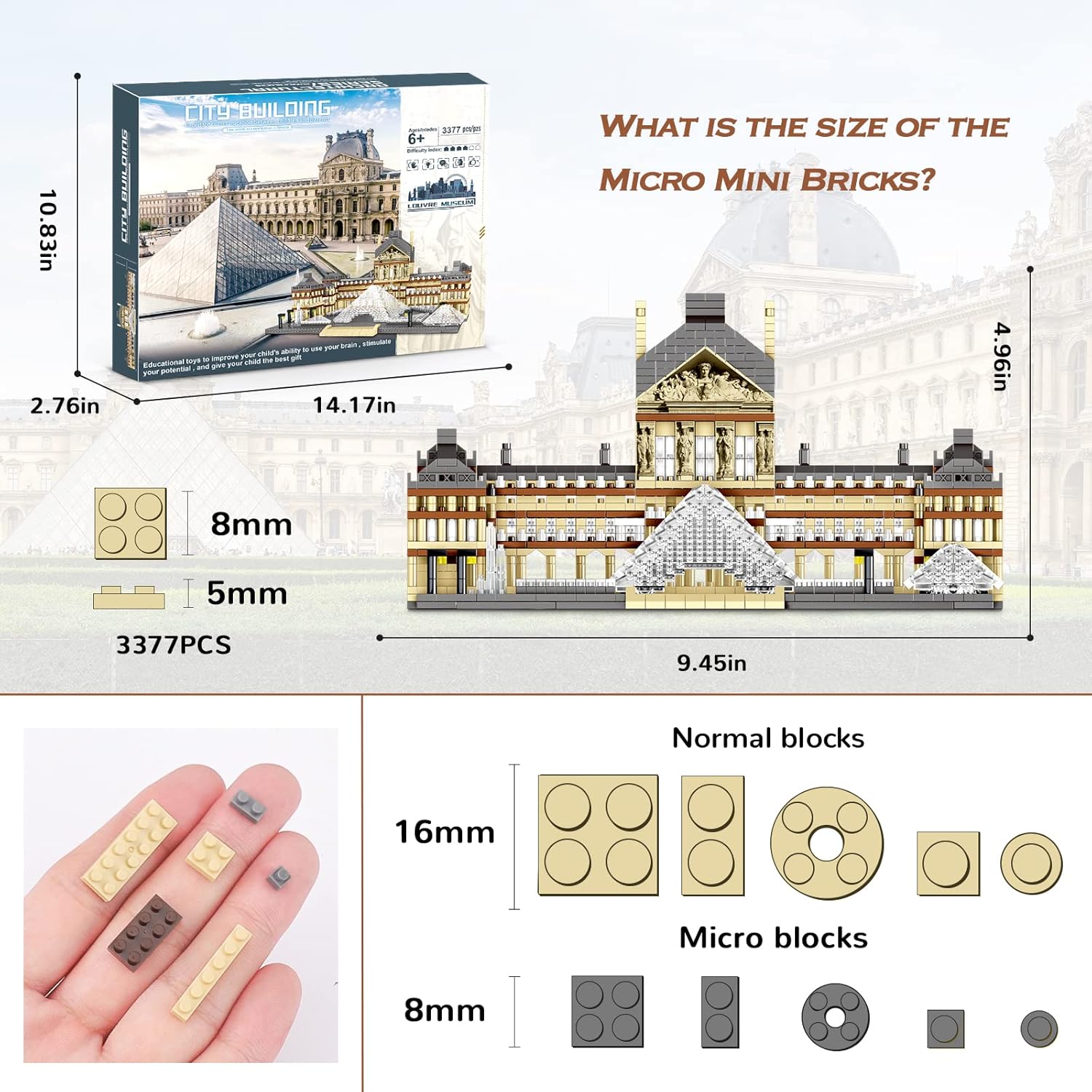 Architecture Louvre Micro Building Blocks Set,3377 Pcs World Famous Architectural Paris Louvre Museum Model Micro Bricks Toys Gifts for Adult Kids-uFunSpace