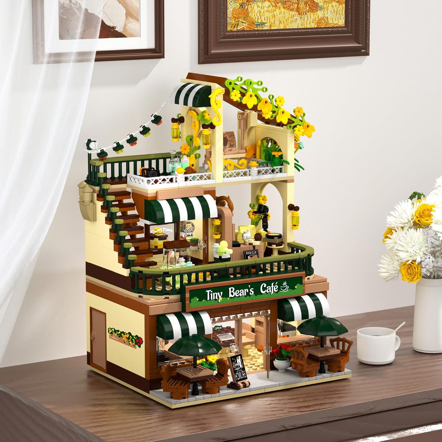 City Coffee House Building Set with Light, 1173 PCS Cafe Shop Building Block Toy with Ordering Counter Baking Room, Architecture Construction Model for Adults Teens Kids Boys Girls Ages 6-12+-uFunSpace