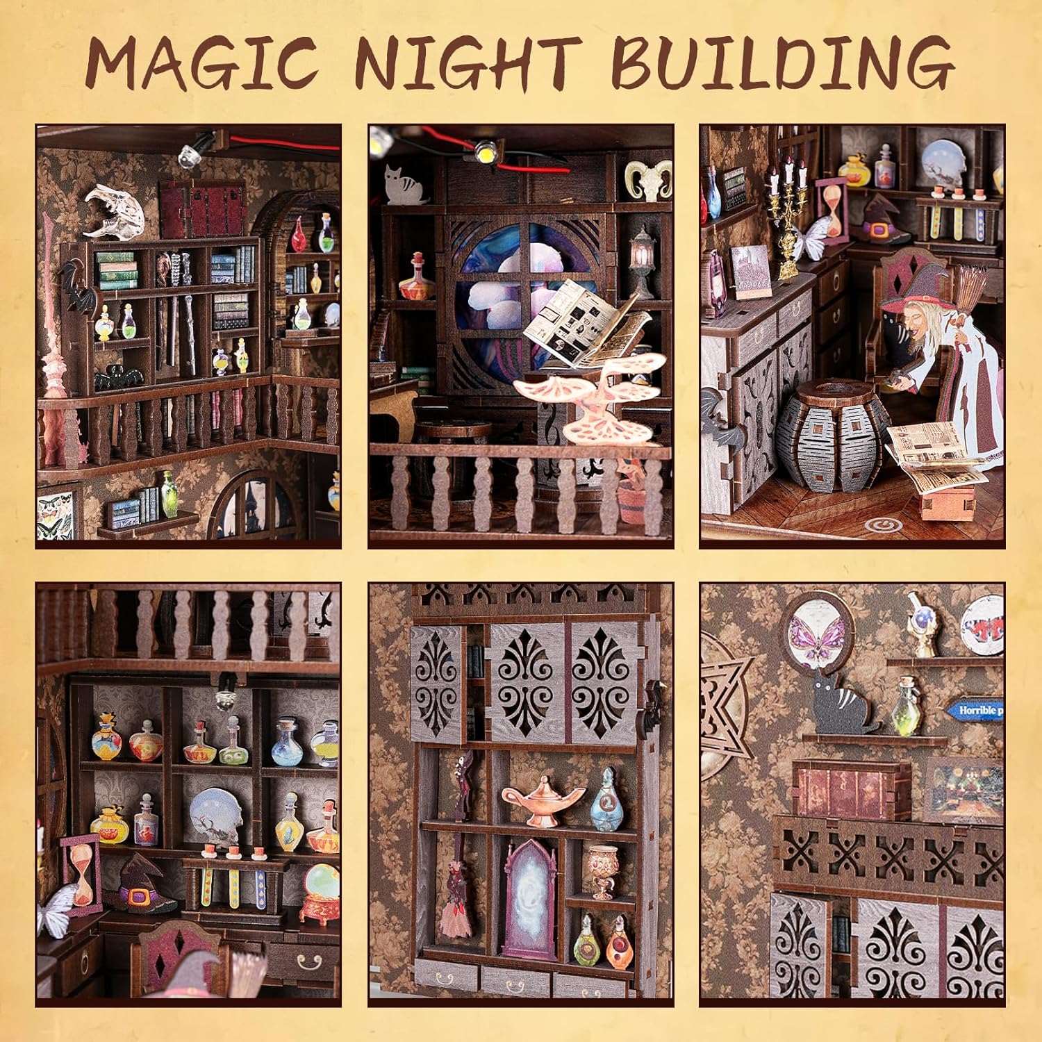 Internal structure of the Witch's Attic DIY Book Nook, showing the staircase, potion cabinet, and magic circle details.-uFunSpace