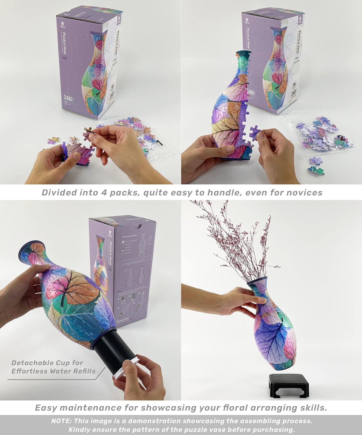 3D Puzzle Vase Unique Flower Vase Made by 160 Curved Plastic Puzzle Pieces House Warming Gift for Flower Arrangements and Home Decoration - [S1025] (Translucent, Magpies on Plum Tree)-uFunSpace