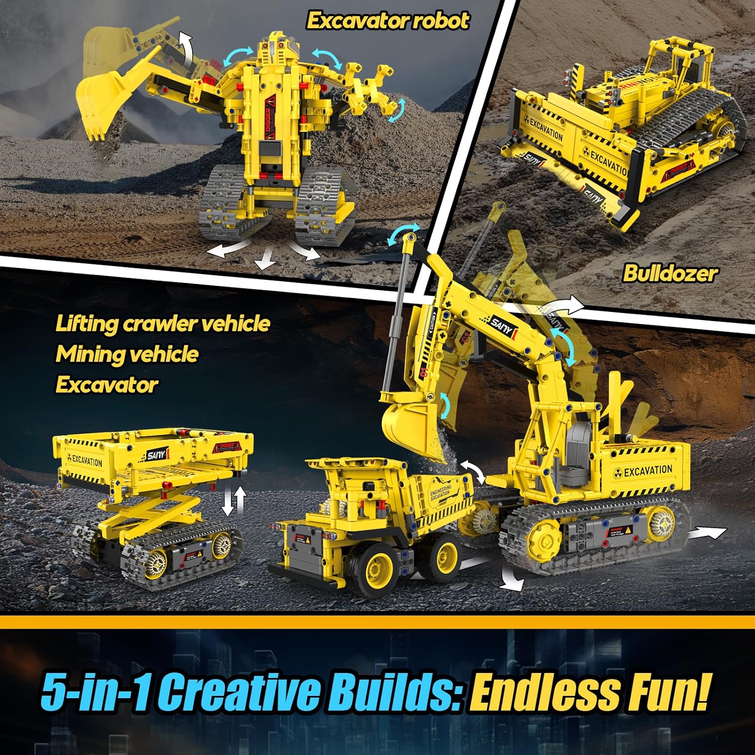 Robot Building Kits, 5-in-1 Stem Toys for Boys Age 8-14, APP & Remote Control Excavator Kids Construction Toys, Programmable Erector Sets, Educational Robotic Kit Gifts for Girls Boys (555 PCS)-uFunSpace