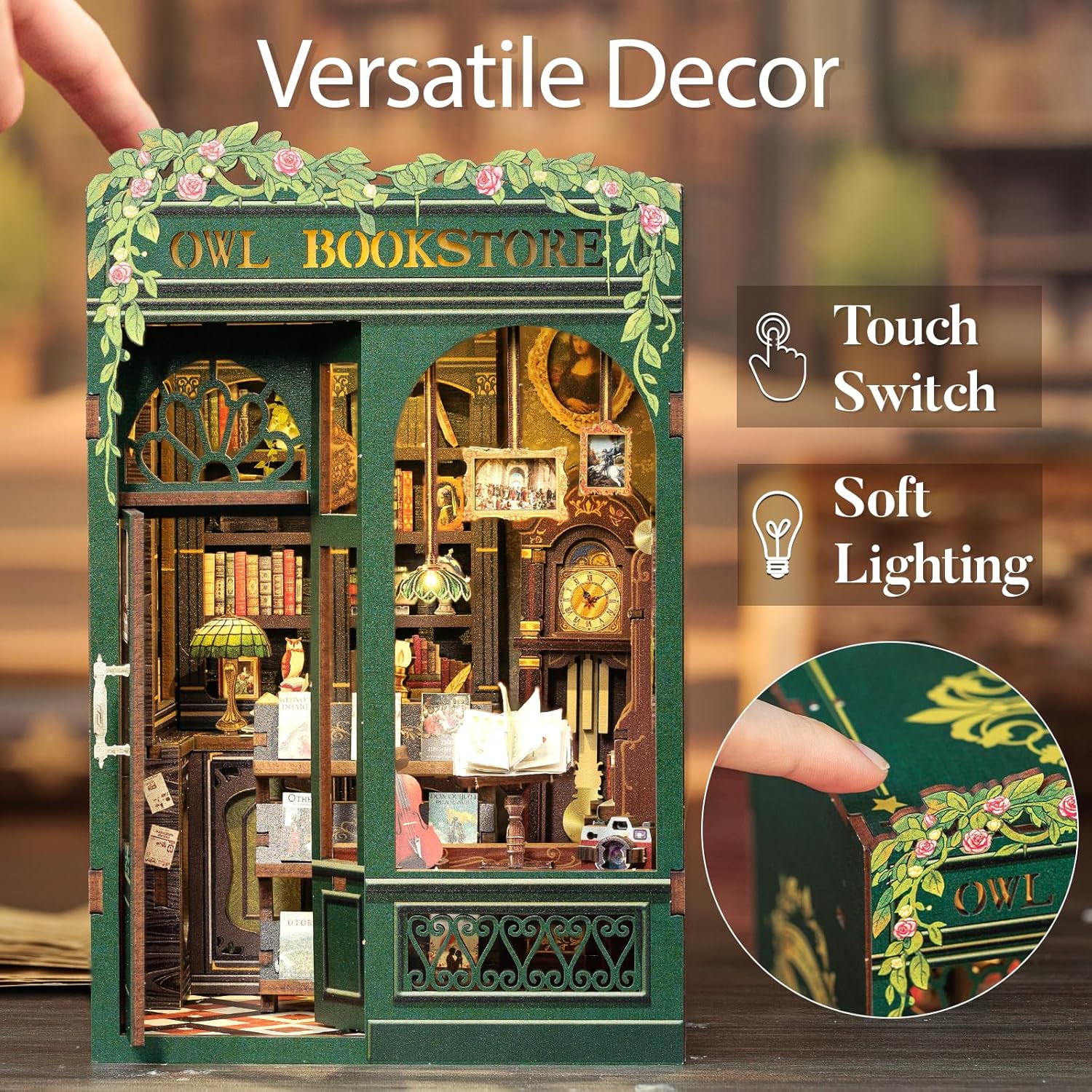 Book Nook Kit - DIY Miniature House Kit for Bookshelf Decor, Book Nook Kits for Adults & Beginners, 3D Wooden Puzzle Dollhouse, Ideal Gift for Family and Friends (OWL Bookstore)-uFunSpace