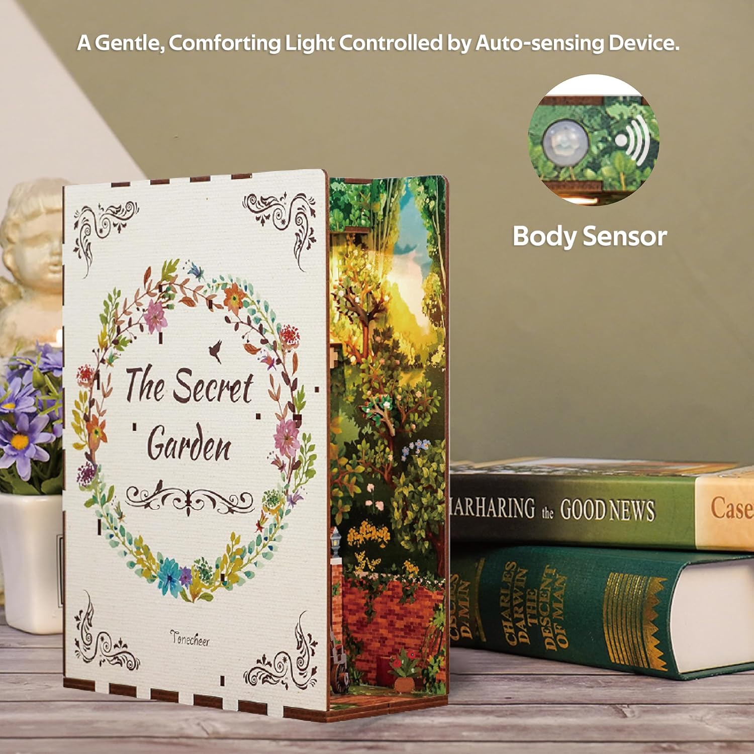 DIY Book Nook Kit for Adults,3D Wooden Puzzle Bookend Bookshelf Insert Library Decor, Booknook Miniature House Kit with Body Motion Sensor LED Light (The Secret Garden)-uFunSpace