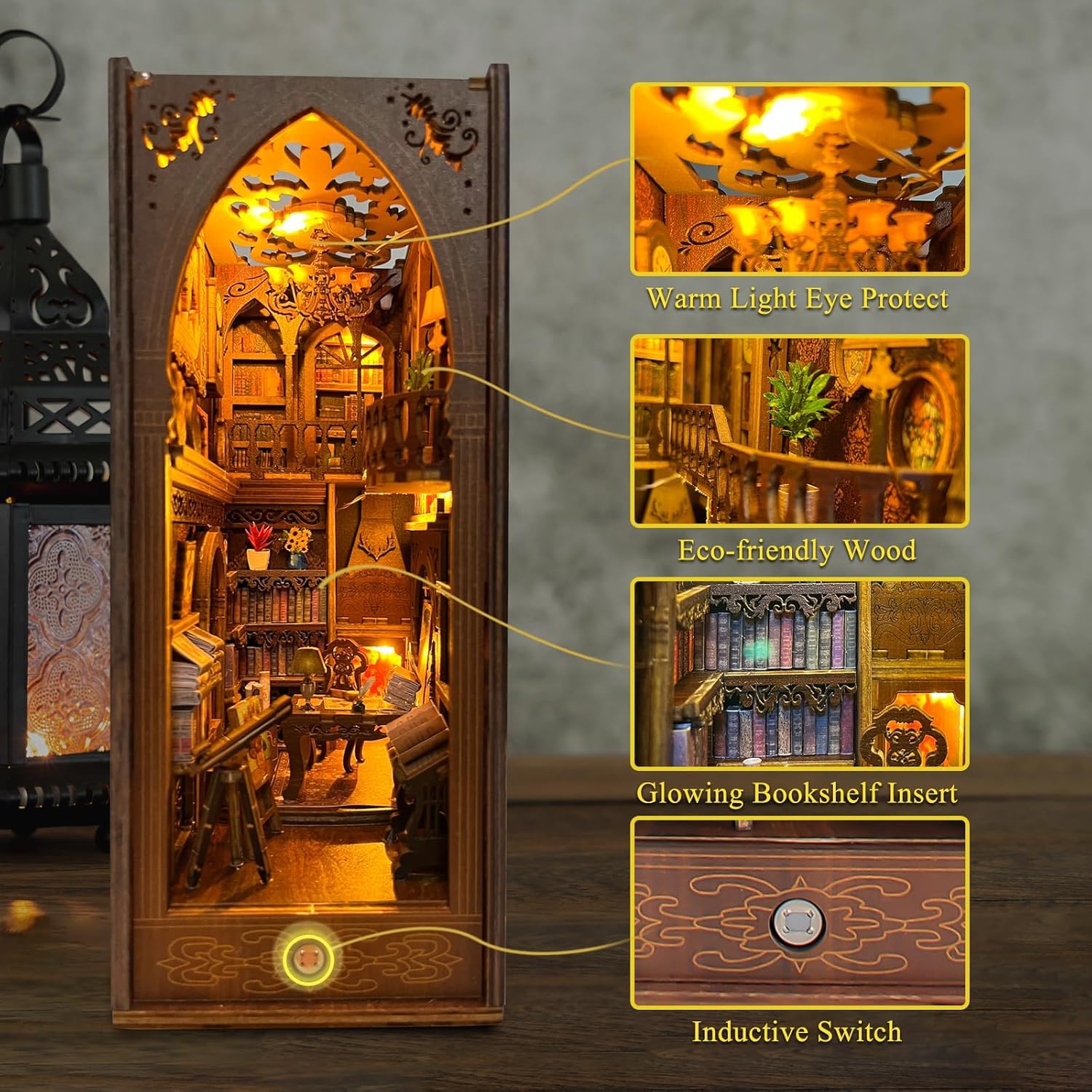 Close-up details of the Library Book Nook: vintage world map, quill pen on desk, grandfather clock, and miniature books.-uFunSpace