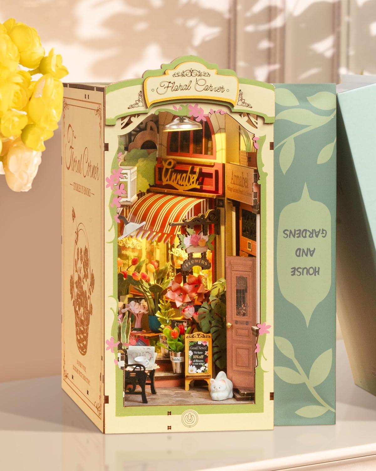 Rolife Floral Corner DIY Book Nook Kit illuminated front view with LED lights-uFunSpace