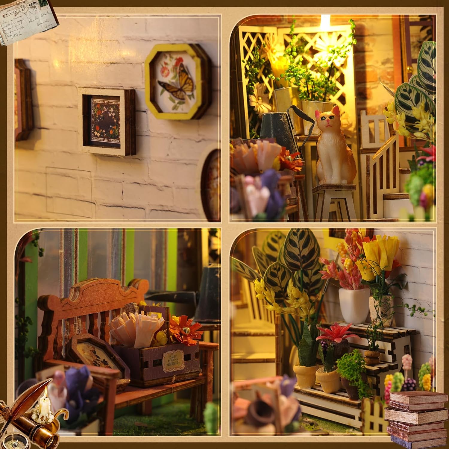 Close-up details of the Garden House interior: miniature cat figure, flower bench, and wall decorations.-uFunSpace