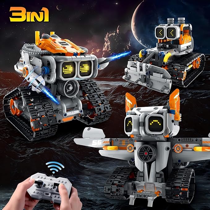 Changeable Expressions Robot Building Sets - 3 in 1 Remote & APP Supported Robotic Building Toy Having Sound Effect, Rechargeable RC Robot Birthday Present for Kids Age 6+ Boy & Girl (451PCS)-uFunSpace