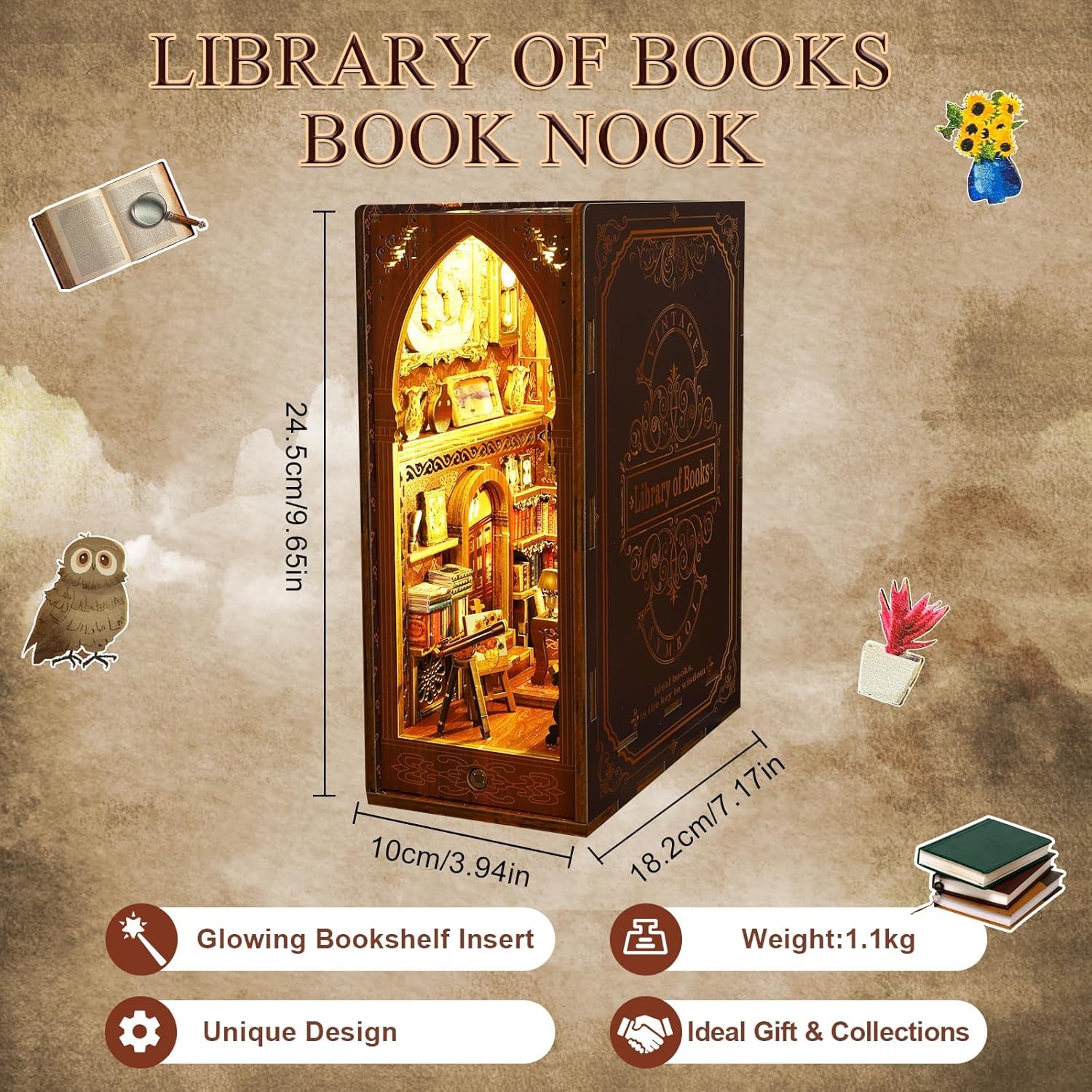 Dimensions of the Library of Books DIY Book Nook: 24.5cm high, 18.2cm deep, weighing 1.1kg.-uFunSpace