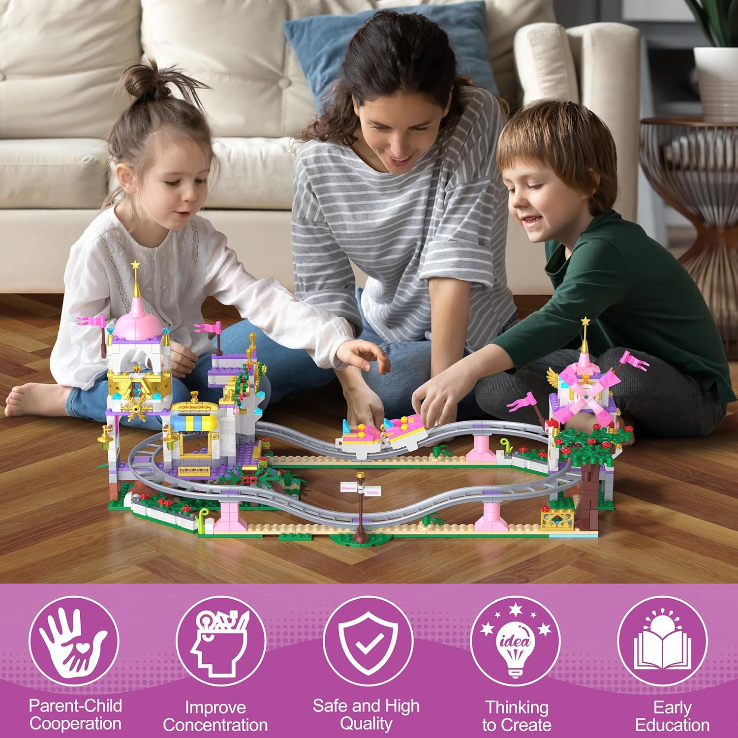 Castle Roller Coaster Building Blocks Set – 738 Pieces STEM Amusement Park Kids Building Set, Creative Pink Playground Building Blocks, Suitable for Girls and Boys Aged 6-12-uFunSpace