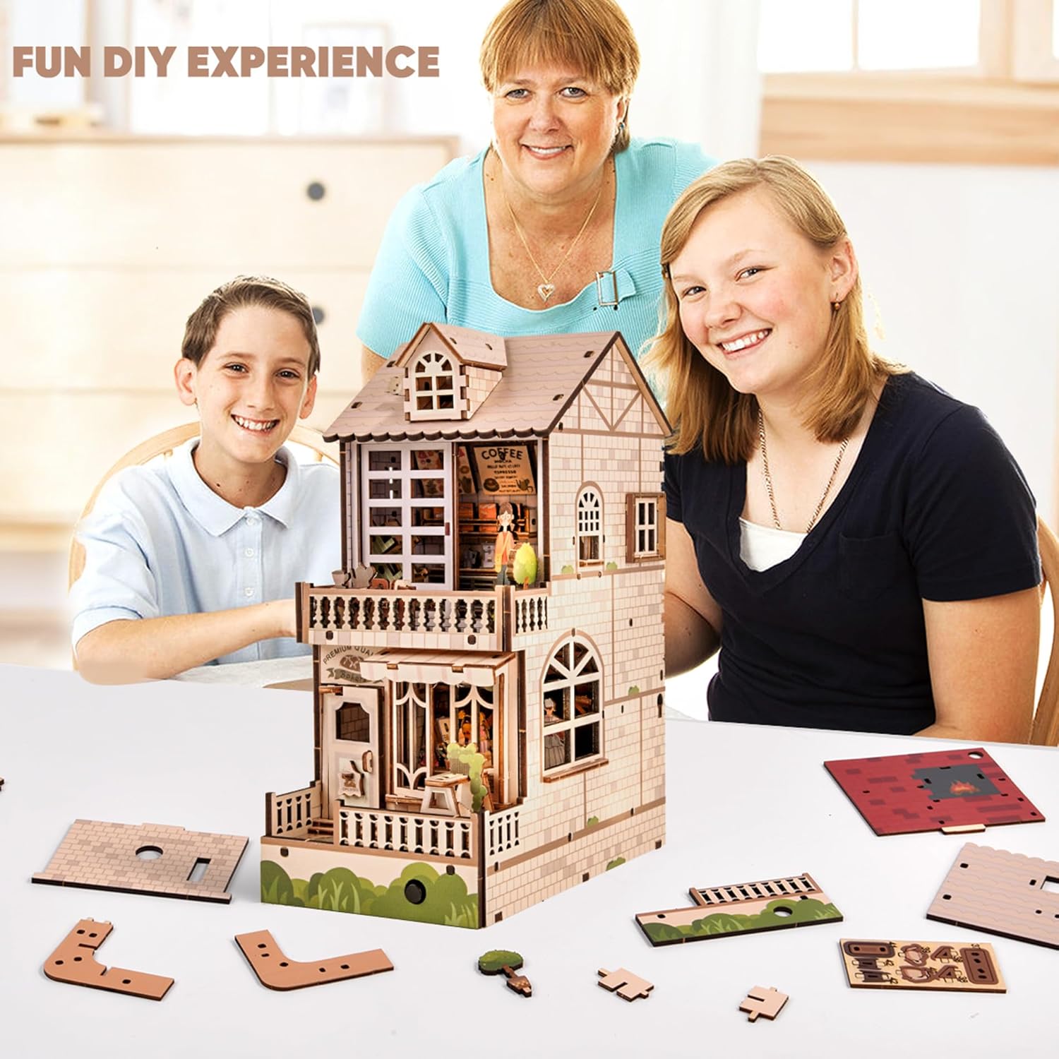 Family building the DIY Book Nook kit together, illustrating it as a fun educational toy and gift for kids and adults.-uFunSpace