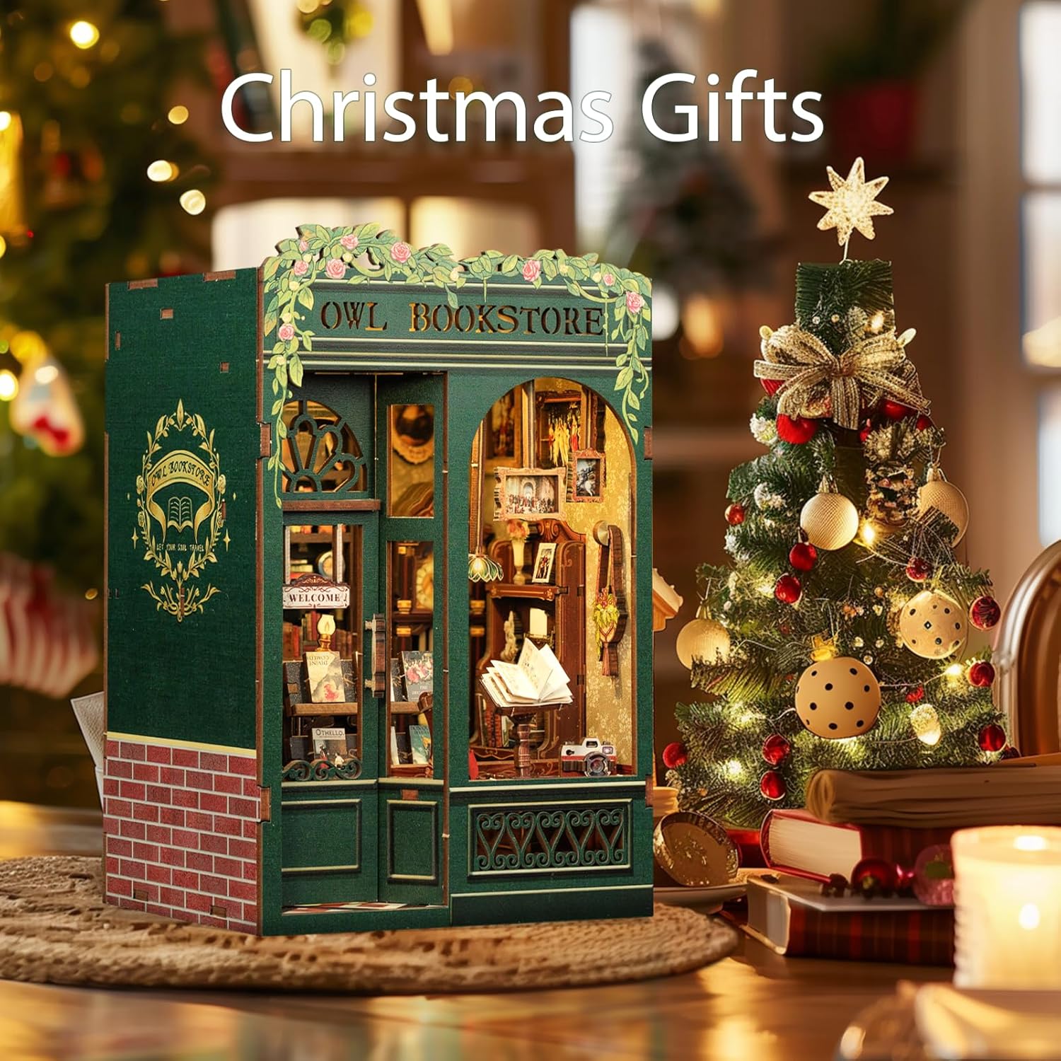 Book Nook Kit - DIY Miniature House Kit for Bookshelf Decor, Book Nook Kits for Adults & Beginners, 3D Wooden Puzzle Dollhouse, Ideal Gift for Family and Friends (OWL Bookstore)-uFunSpace