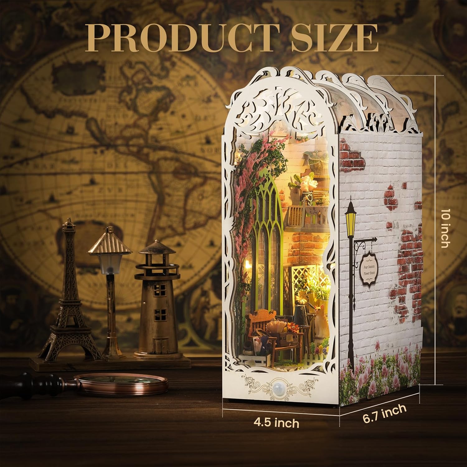 Product dimensions of the Garden House DIY book nook kit: 10 inches high, 6.7 inches deep-uFunSpace