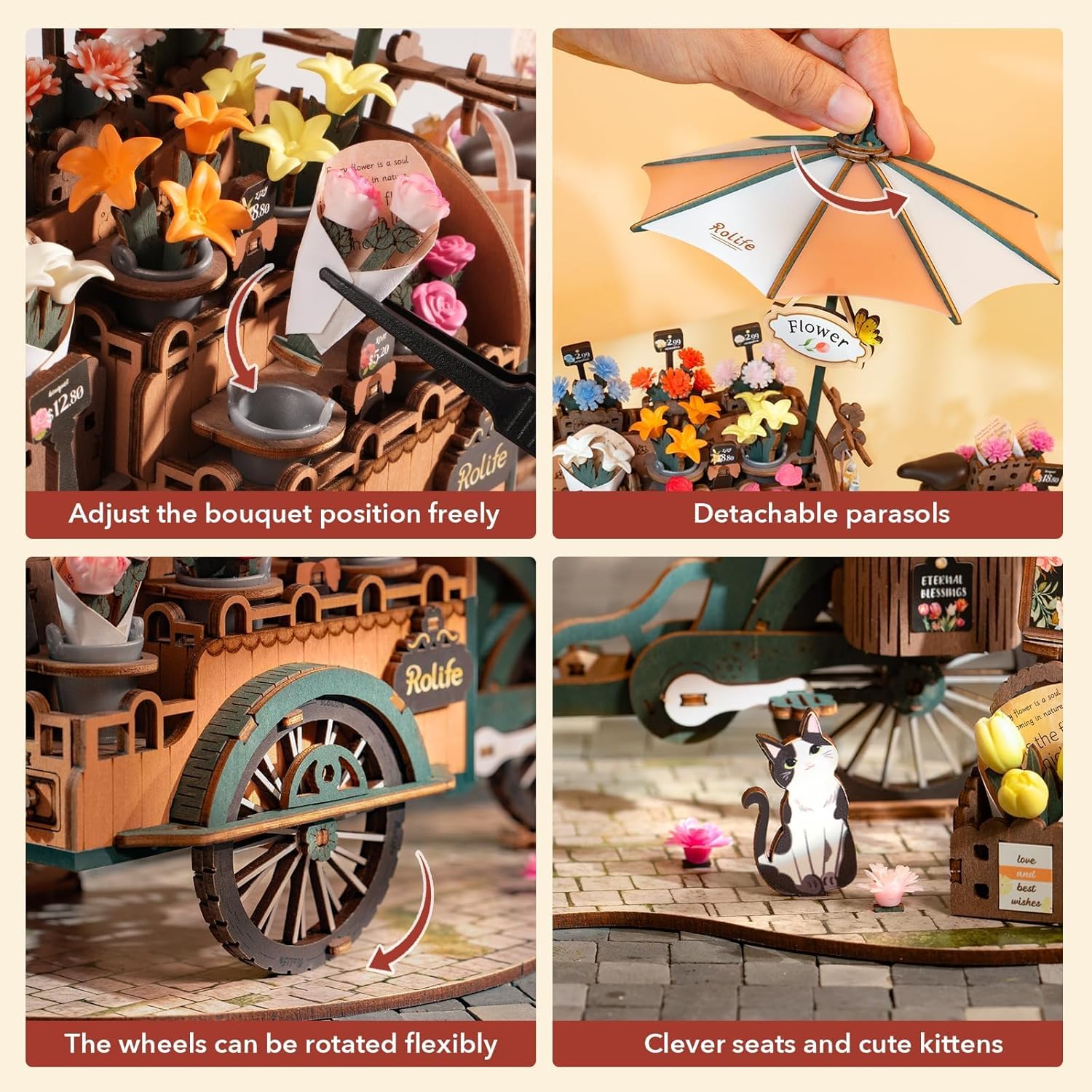 DIY 3D Wooden Puzzle for Adults, Flower Cart Brain Teaser Puzzle for Teens Girls Boys, Creative Craft Hobby Gifts Model Building Kits, Home Decor Assembly Toy-uFunSpace