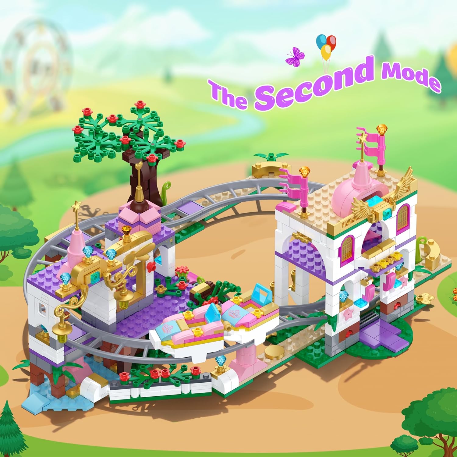 Castle Roller Coaster Building Blocks Set – 738 Pieces STEM Amusement Park Kids Building Set, Creative Pink Playground Building Blocks, Suitable for Girls and Boys Aged 6-12-uFunSpace