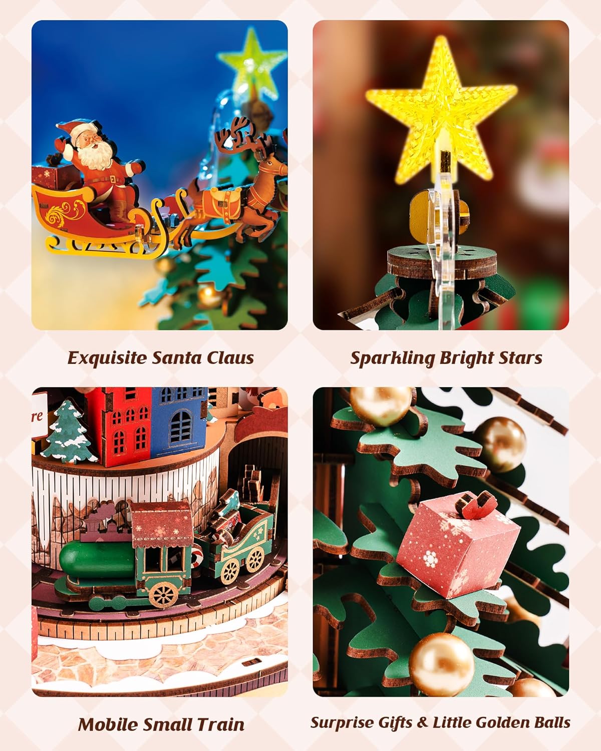 Close-up details of the music box: Santa Claus on a sleigh, glowing star topper, miniature moving train, and gift boxes-uFunSpace