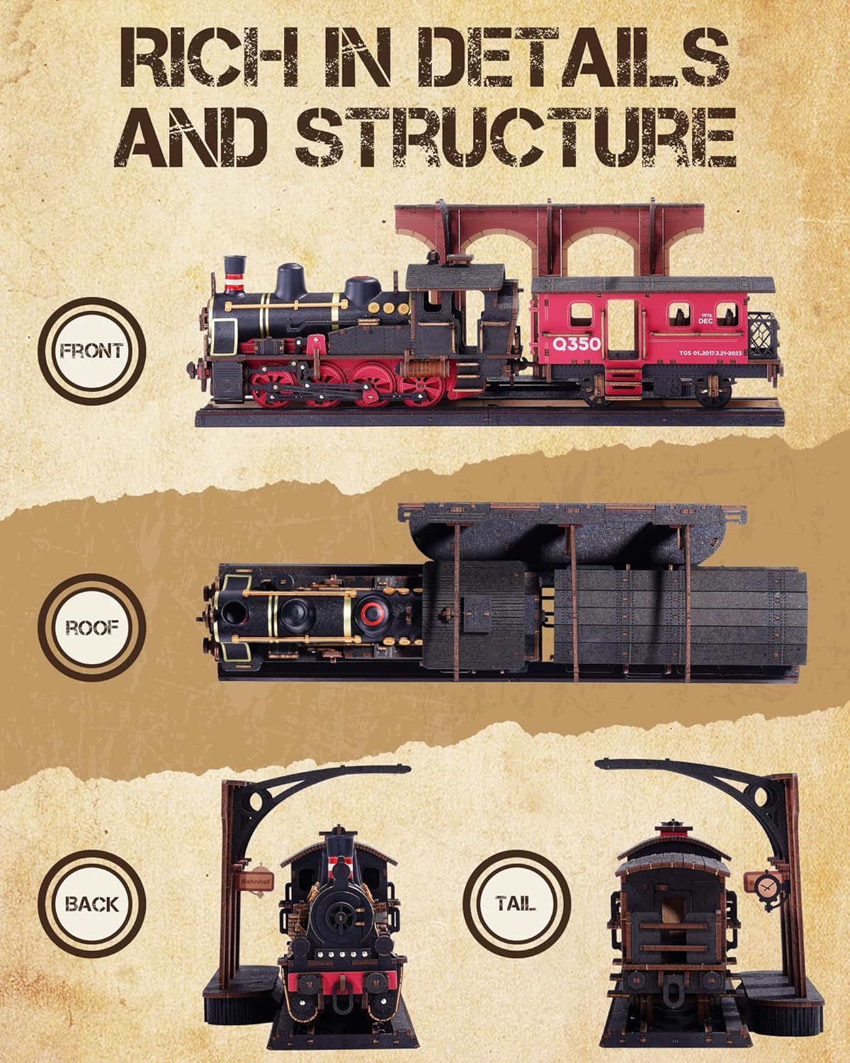 3D Puzzles for Adults Wooden Puzzle DIY Model Steampunk Train Kit to Build Wood Craft Kit Toy Hobby Gift Home Decor (Steam Journey)-uFunSpace