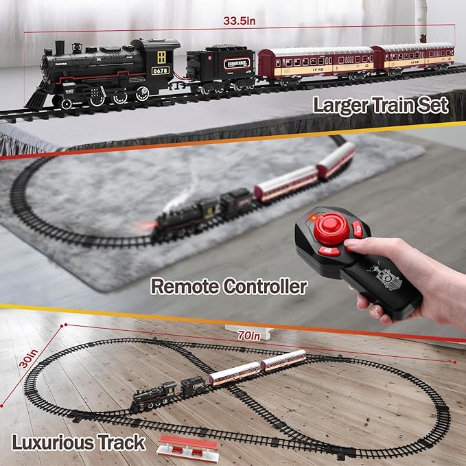 Train Set for Kids,Remote Control Locomotive Engine Under Christmas Tree,Electric Model Train W/Carriages and Long Tracks,Train Toy Gift for Boys Girls Age 4-12-uFunSpace