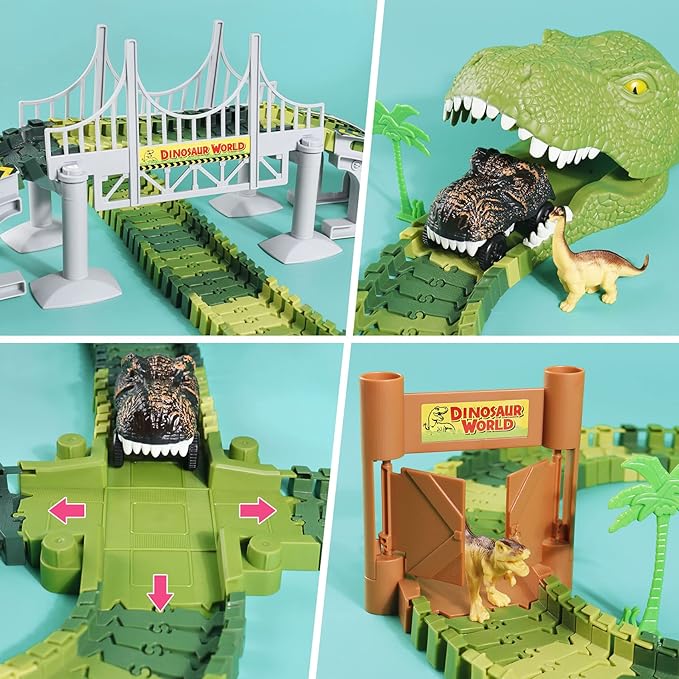 Dinosaur World Race Track Toys for Kids - Best Birthday Gifts for Age 3 4 5 6 7 Year Old Boys and Girls, PREPOP Deluxe Dino Sets, 220 pcs-uFunSpace