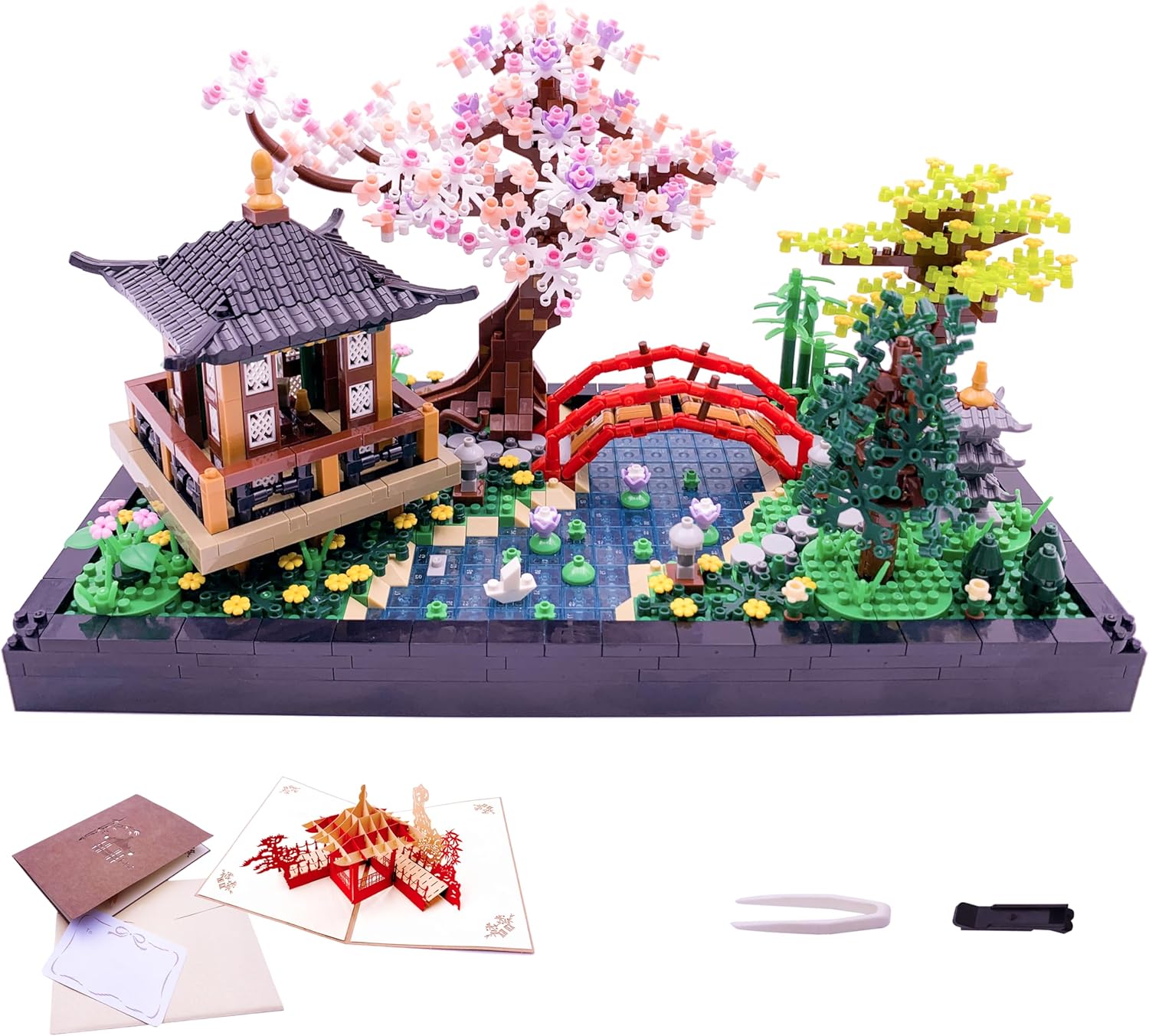 Micro Building Blocks Sets，Chinese Zen Garden Architecture and Cherry Blossom Bonsai Tree Building Toys for Adults，Japanese Sakura House Model，Creative Mini Bricks Gift for Kids 14+，2280 PCS-uFunSpace