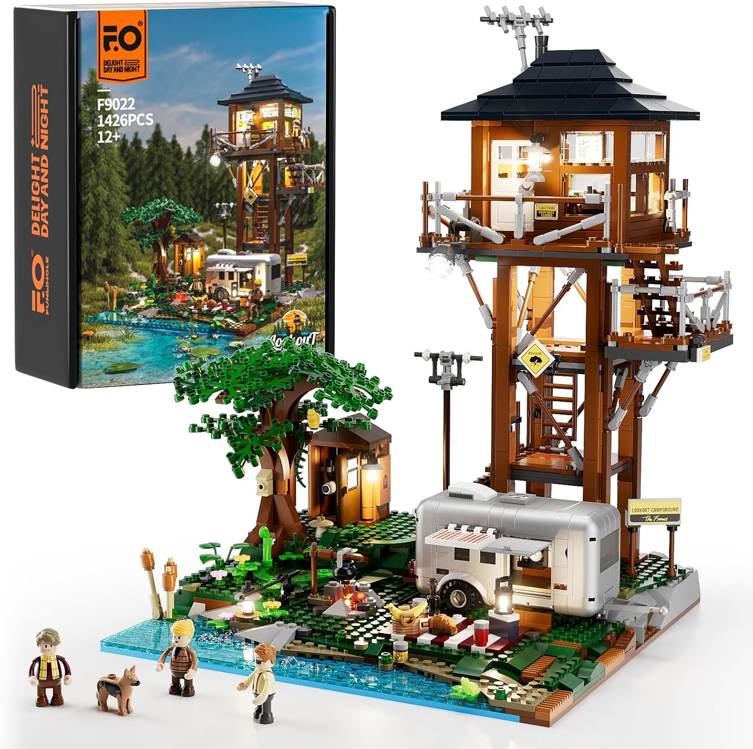 Campground Lighting Building-Bricks Set - Retro Wild Lookout Tower Camping Car and Family Minifigures LED Light Building Set 1426 Pcs for Adults-uFunSpace