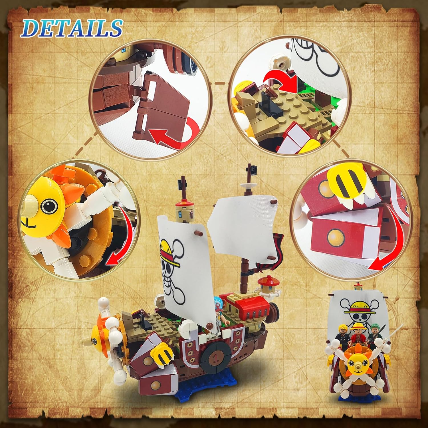 1pcs Anime Thousand Sunshine Ship Building Blocks Set with Lights, Comes with 9 Action Figures, One Piece Merch Pirate Ship Model Building Ideal Gift for Children, Fans (432pcs)-uFunSpace