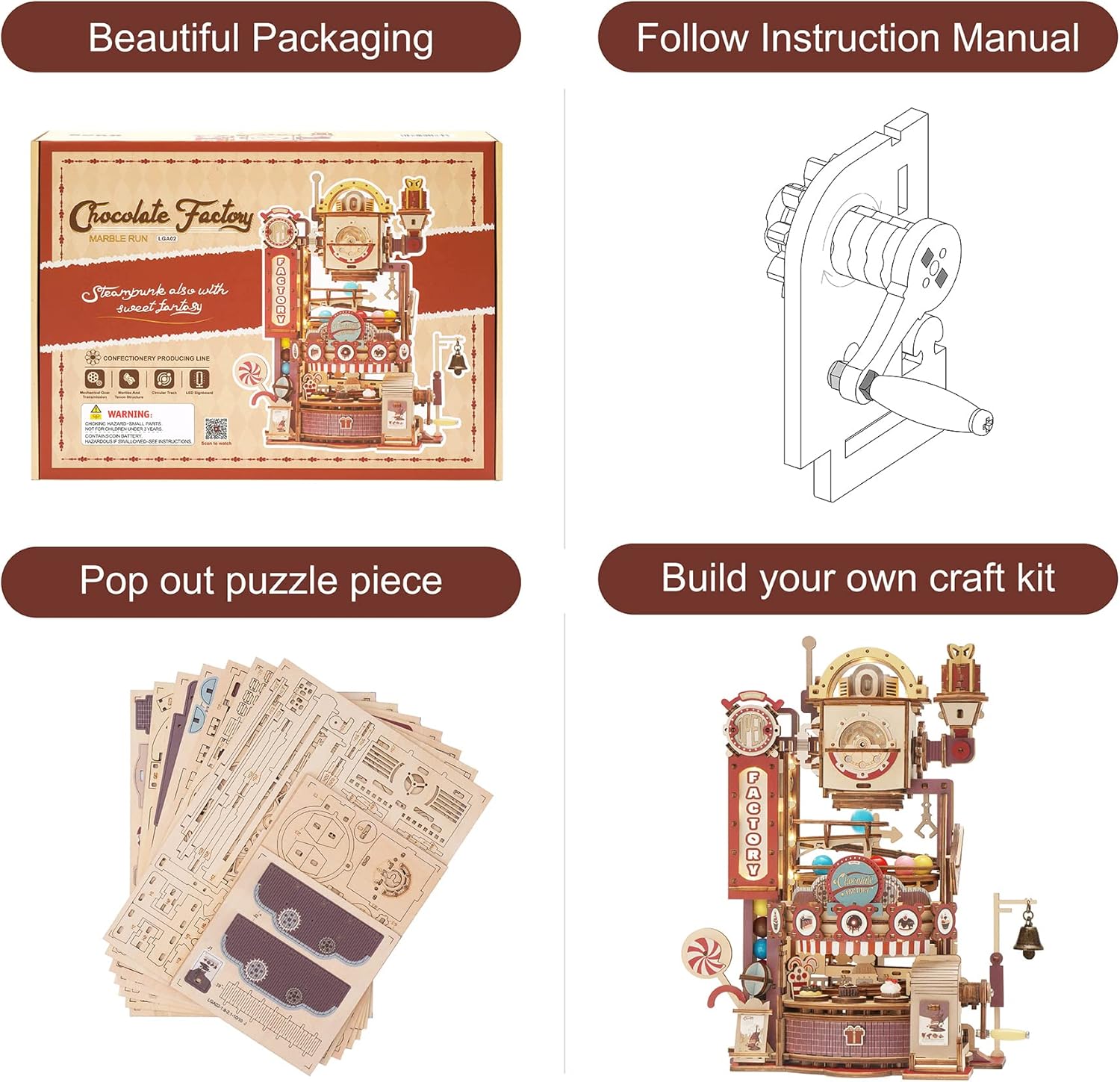 3D Puzzles for Adults, Marble Run Wooden Model Kits for Adults, DIY STEM Mechanical Building Set, Birthday for Teens Boys Age 14+ - Chocolate Factory-uFunSpace