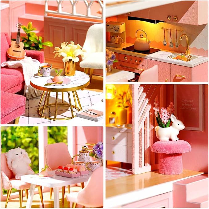 DIY Miniature Dollhouse Kit, 1:24 Scale Mini Handmade Wooden Doll House with Music, Great Handmade Crafts Gift for Birthday Mother's Day Kids Teens Adults Assemble the Villa Model Gift-uFunSpace