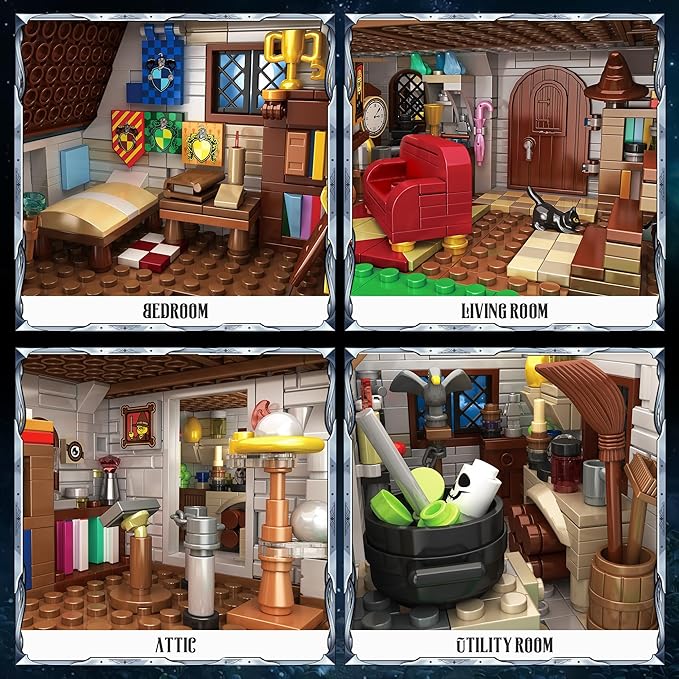Interior details of Magic Stone House: Bedroom, Living Room, Attic, and Utility Room with furniture.