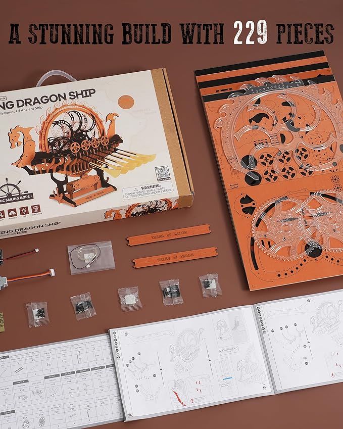 LK802 Viking Dragon Ship Mechanical Wooden Puzzles, 229 Pieces 3D Puzzles for Adults, Crafts for Adults Hobby Building Kit-uFunSpace