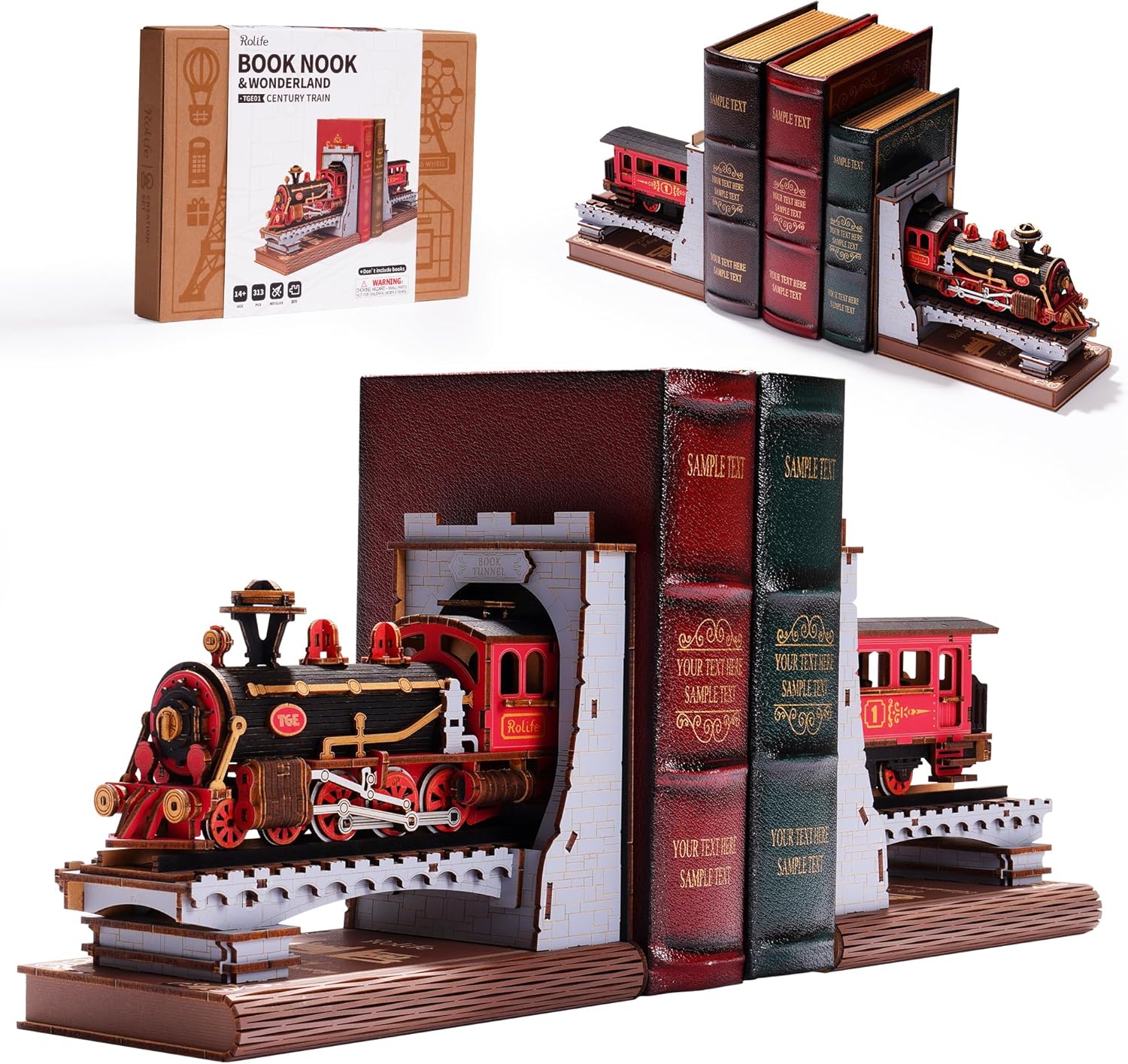Vintage steam train 3D wooden puzzle bookend holding books on a shelf.