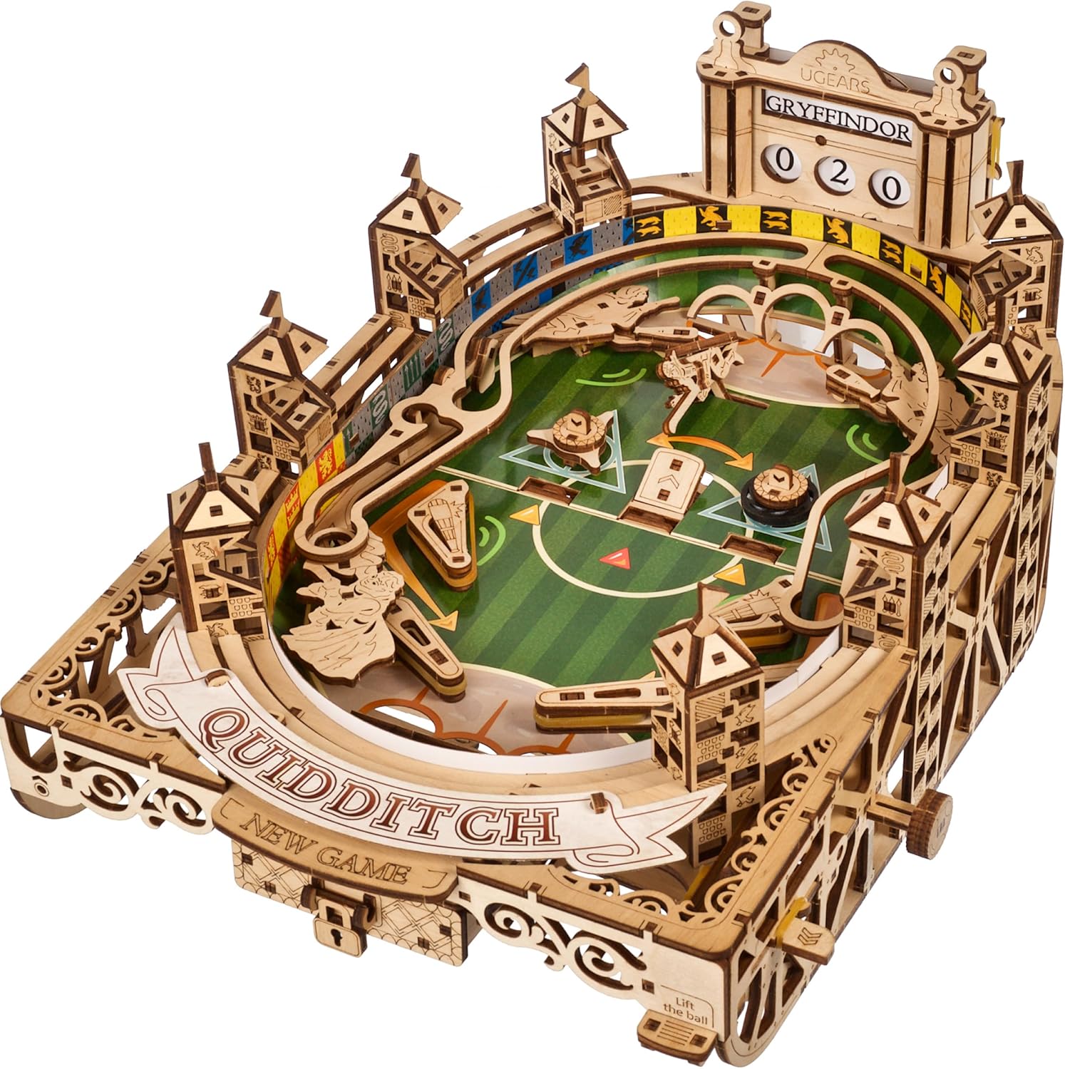 Ugears Harry Potter Quidditch Pinball Machine full view with flippers and scoreboard-uFunSpace