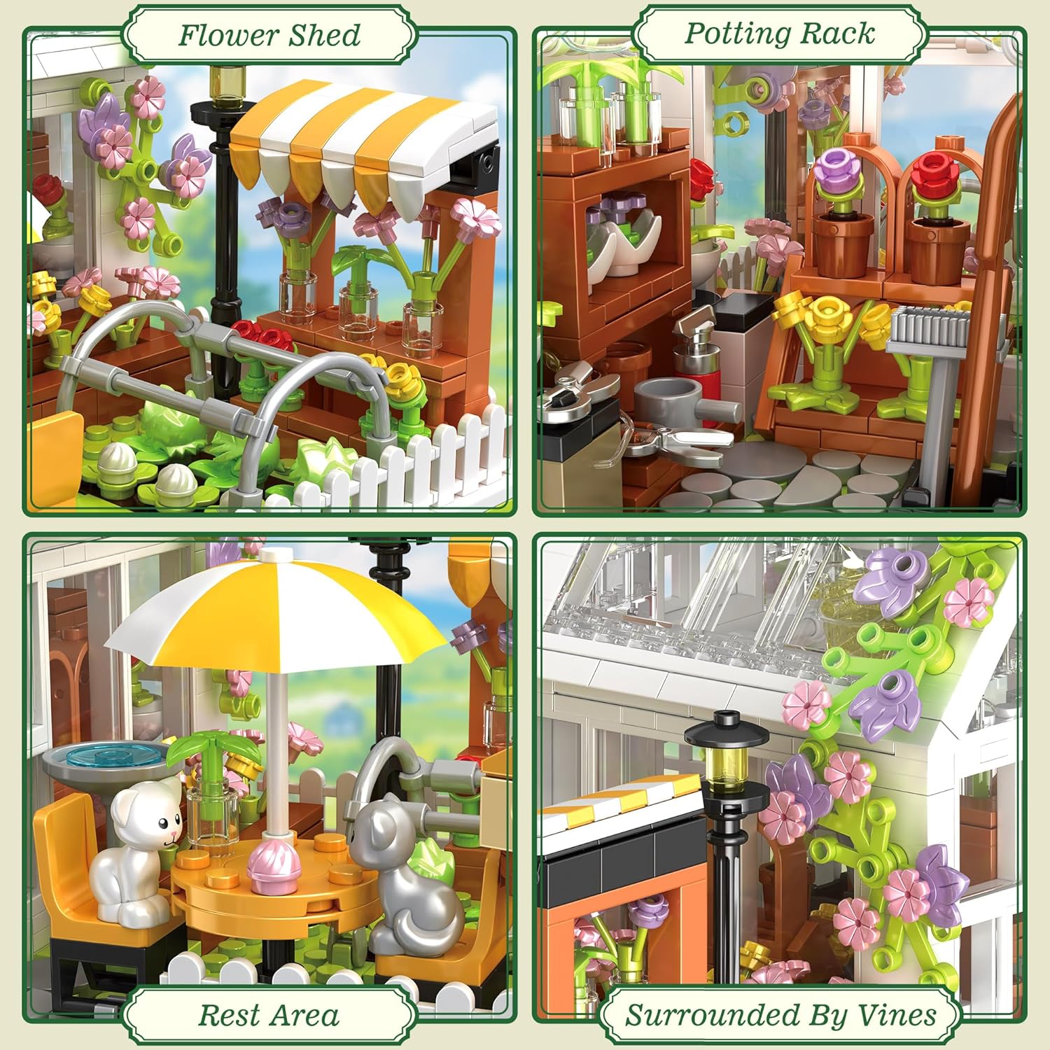 Flower House Building Block for Adults, Garden Architecture Building Toy with LED, Greenhouse Model Building Set, Garden Glass House Building Kit, Christmas & Ideal Gift for Kids 12+ (1188pcs)-uFunSpace