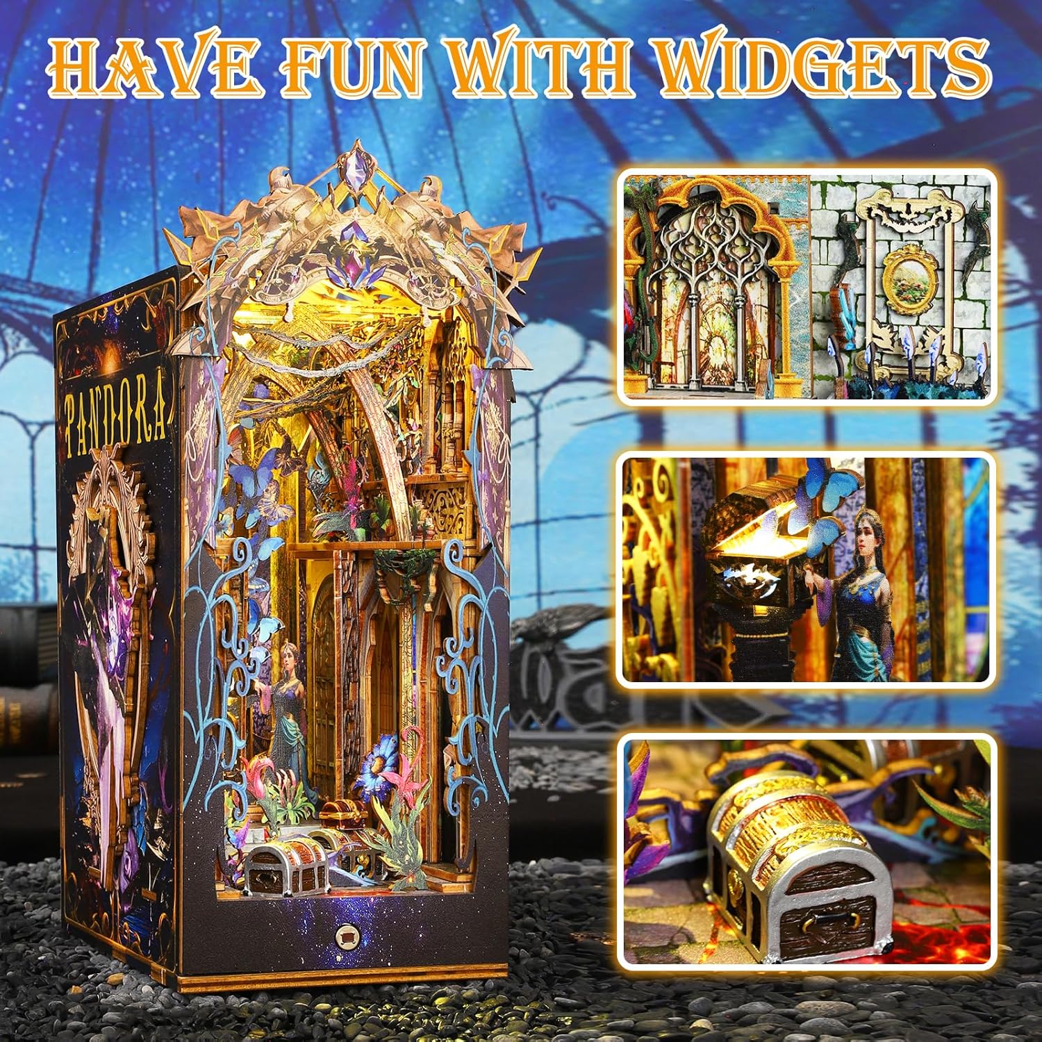 DIY Book Nook Kit with Music Box, 3D Wooden Puzzle with LED Light, DIY Dollhouse Booknook Bookshelf Insert Decor for Teens and Adults (Pandora's Box)-uFunSpace