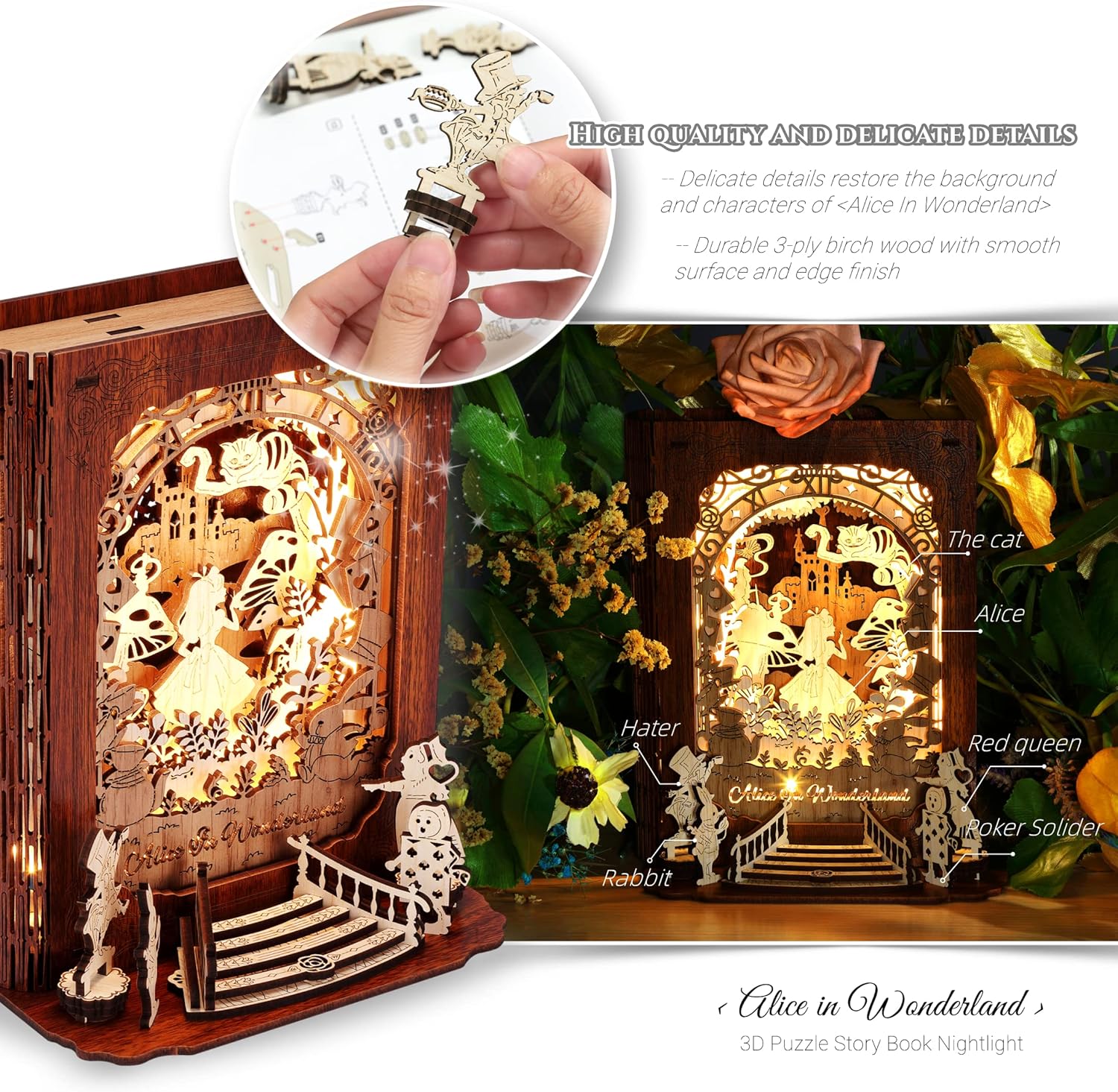 Alice in Wonderland 3D Puzzle Nightlight – DIY 3D LED Book Lamp – 3D Wood Puzzles Décor Lamp for Kids and Adults-uFunSpace