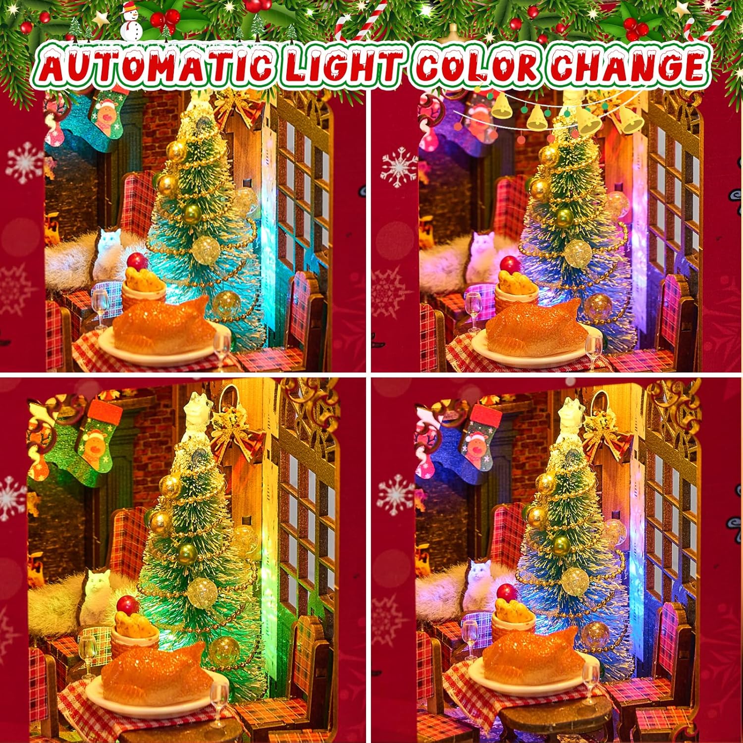 DIY miniature house with automatic color changing LED lights on Christmas tree-uFunSpace