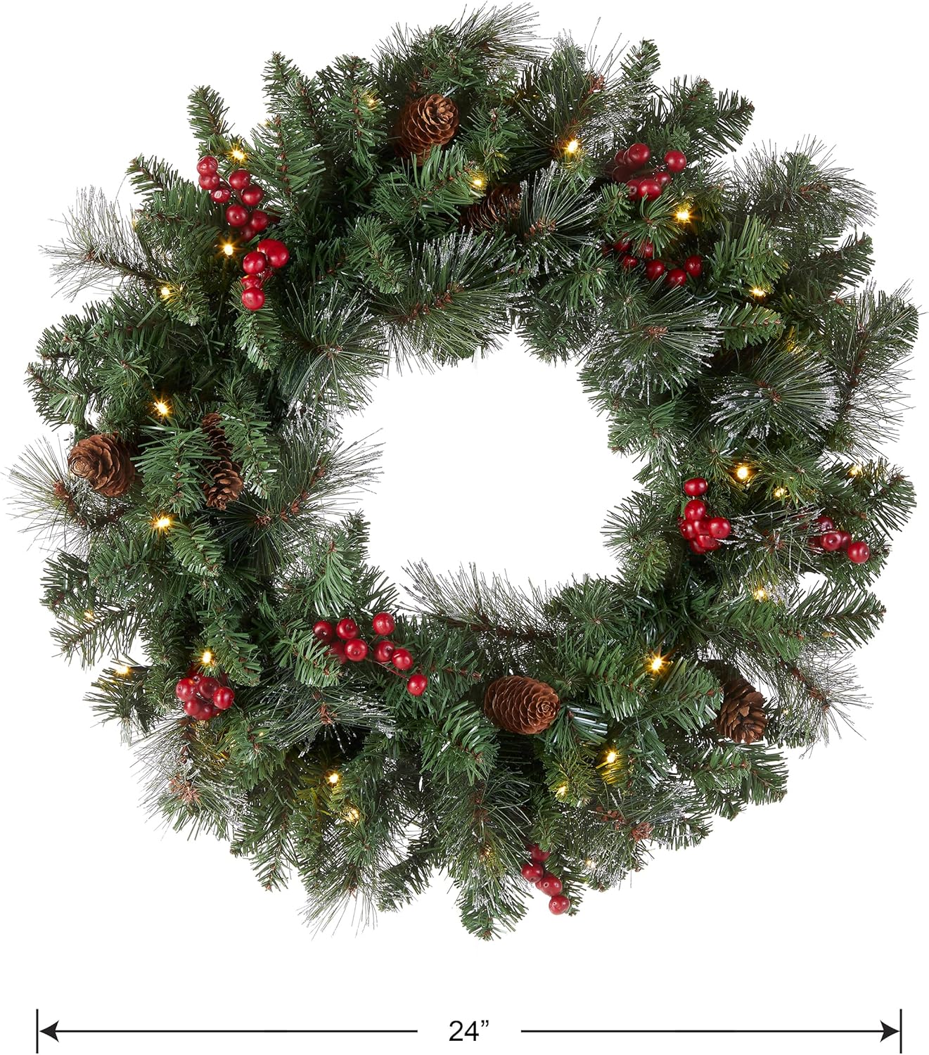 Pre-Lit Artificial Christmas Wreath, Green, Crestwood Spruce, White Lights, Decorated with Pine Cones, Berry Clusters, Frosted Branches, Christmas Collection, 24 Inches-uFunSpace