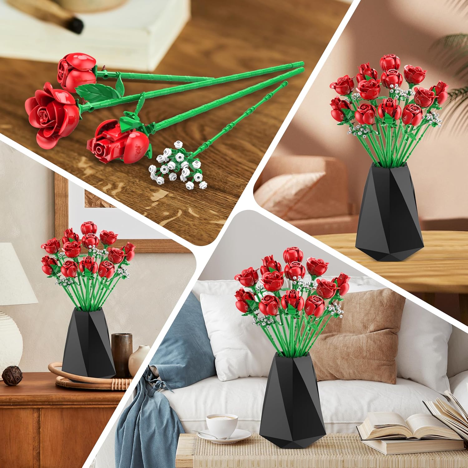 Rose Flowers Bouquet Building Set, 960PCS Roses Artificial Flowers Botanical Collection for Dinner Table Home Decor, Christmas Valentines Day Gifts Thanksgivings Gifts Flower Decorations-uFunSpace