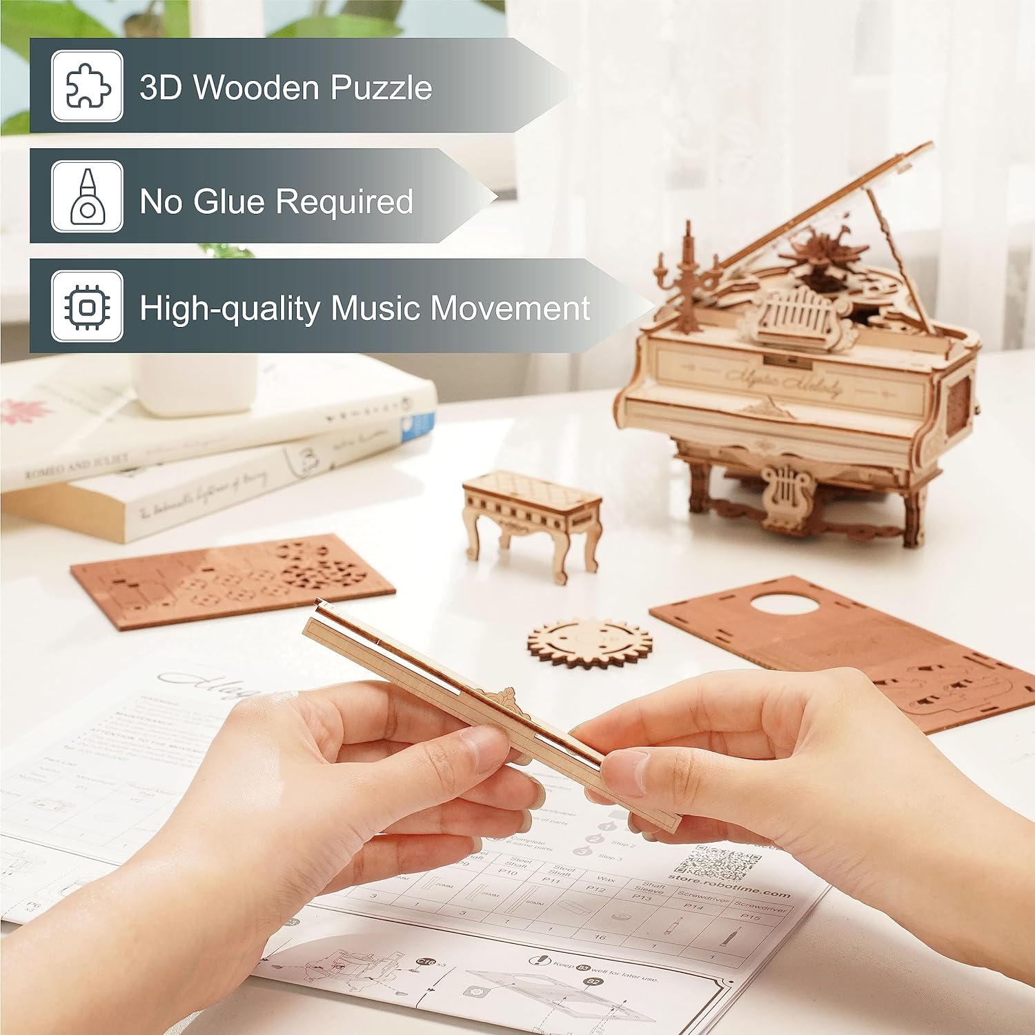 Magic Piano 3D Puzzles for Adults-Mechanical 3D Puzzles Musical Instrument-Wooden Music Box Puzzle Kit to Build-Aesthetic Desk Decor Unique Gift for Men/Women-uFunSpace