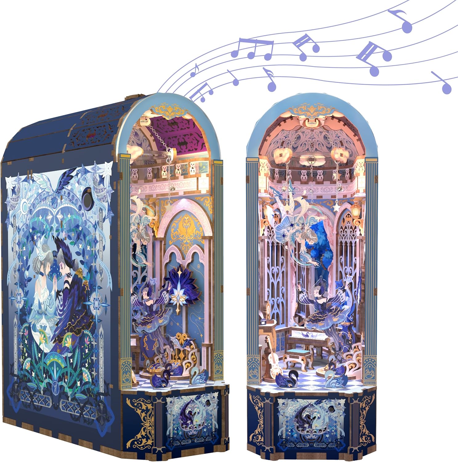 DIY Book Nook Kit for Adults, Wooden 3D Puzzle Music Box Bookend Bookshelf Insert Decor, Automatic Rotation Booknook Miniature House Kit with Dust Cover and LED Light (Swan Dream)-uFunSpace