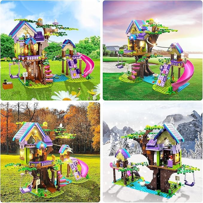 Tree House Building Toys for Kids, Girls Friendship Building Blocks with with LED Light, Creative Forest House Age 6 7 8 9 10 11 12+-uFunSpace