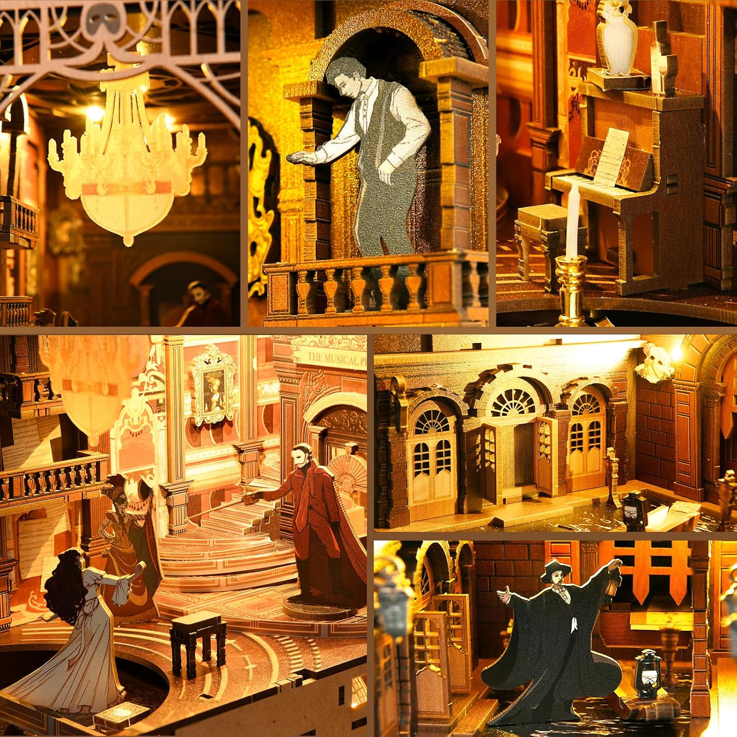 Close-up details of the Phantom figure, grand chandelier, and miniature piano inside the book nook-uFunSpace