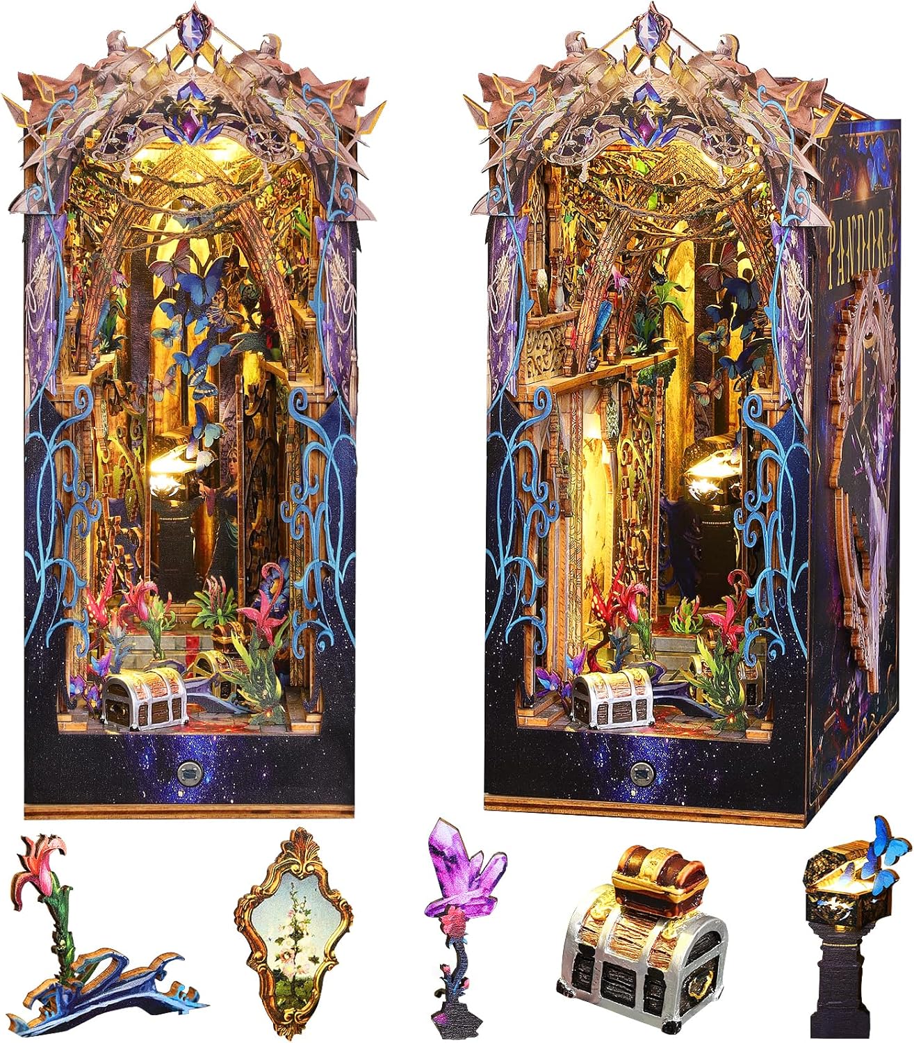 DIY Book Nook Kit with Music Box, 3D Wooden Puzzle with LED Light, DIY Dollhouse Booknook Bookshelf Insert Decor for Teens and Adults (Pandora's Box)-uFunSpace