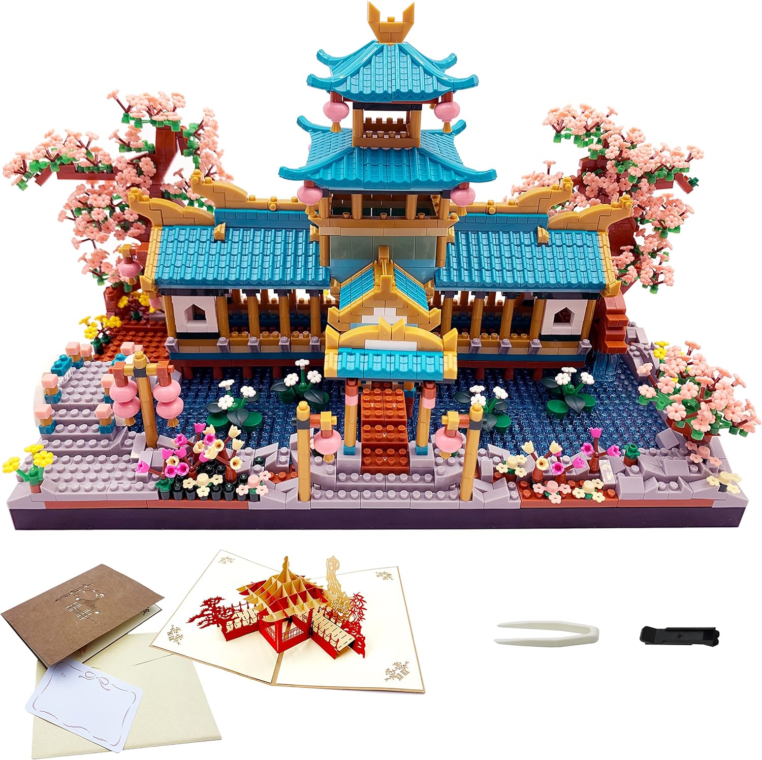Micro Building Blocks Set，Chinese Suzhou Garden Architecture and Cherry Blossom Bonsai Tree Building Toys for Adults，Japanese Sakura House Model，Creative Mini Bricks Gift for Kids 14+，2350 pcs-uFunSpace