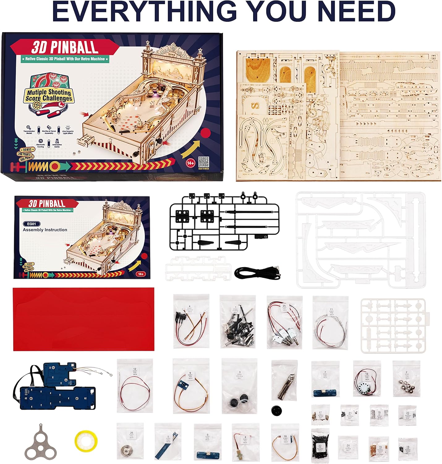 Wooden Puzzles 3D Pinball Machine Mechanical Model Wooden 3D Puzzles for Adults DIY Pinball Game Wooden Puzzle-Model Building Kits Christmas Birthday Gifts for Adult and 14+ Teens-uFunSpace